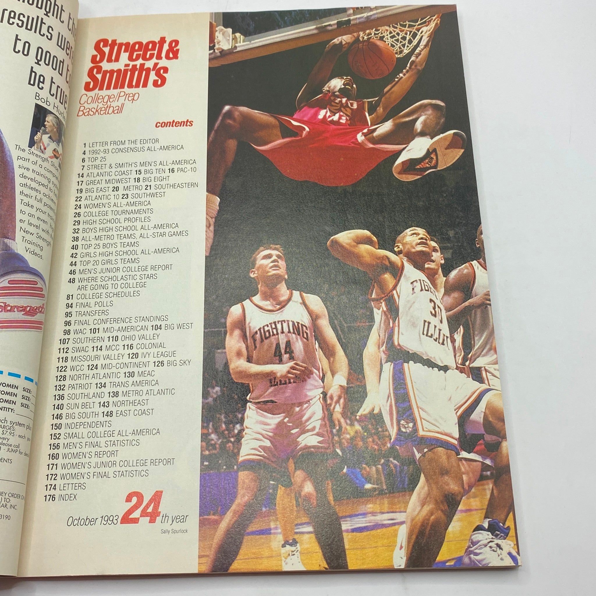 Page from Street & Smith's College/Prep Basketball 1993-1994 featuring contents list, showcasing basketball players in action, a glimpse into college basketball dynamics of the 1993-1994 season.