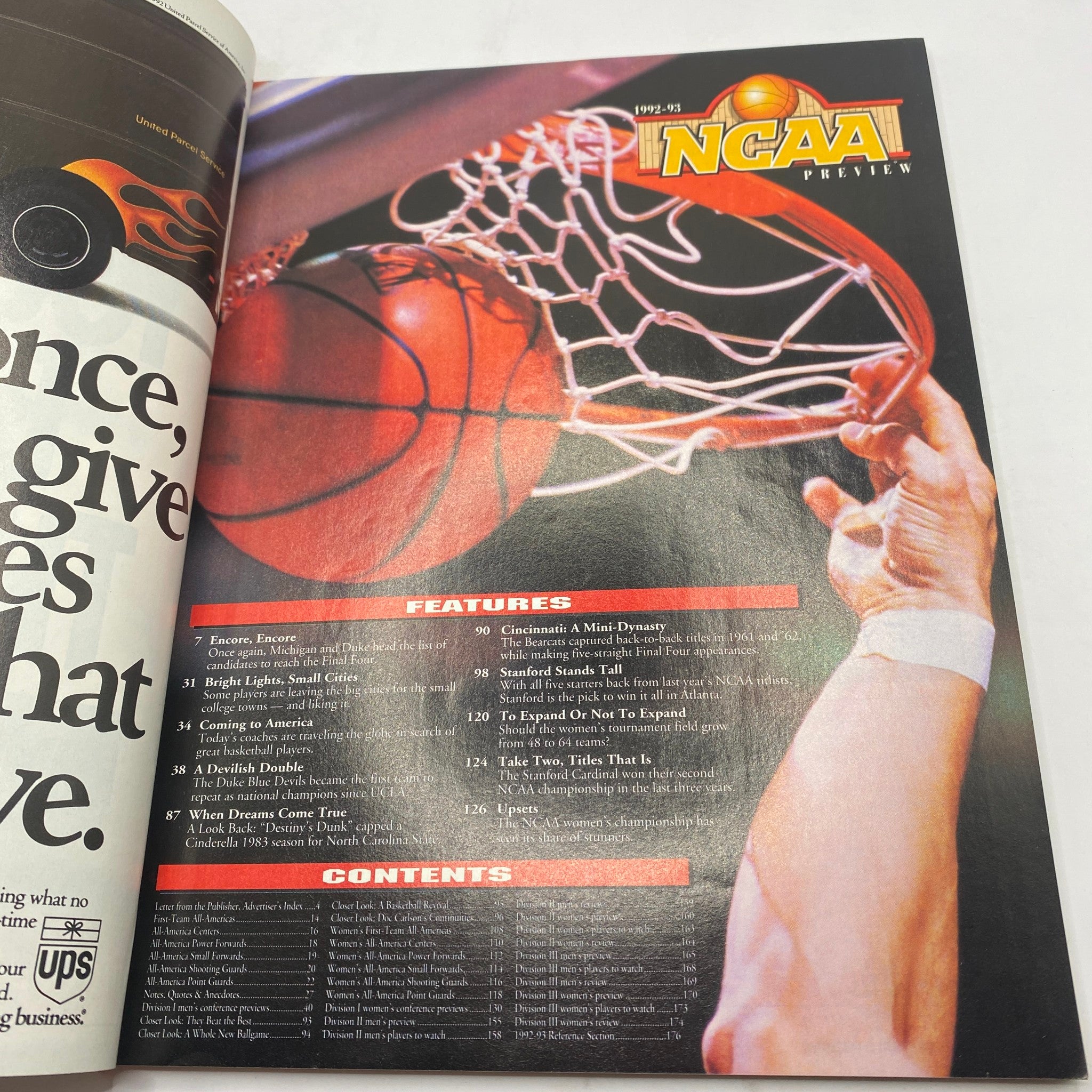 Inside view of the NCAA Basketball Preview Magazine 1992-1993, displaying content features like game insights and historical analysis in college basketball.