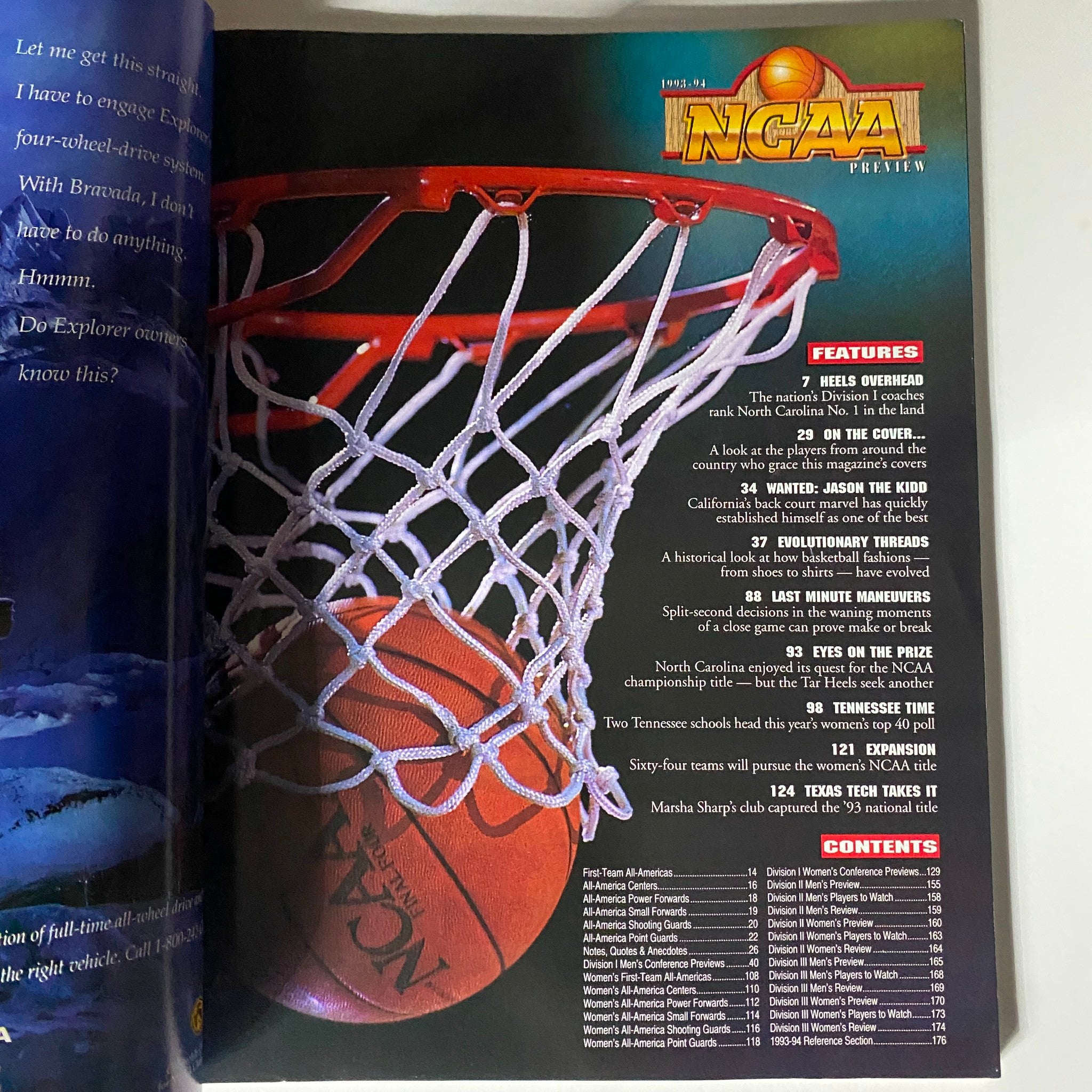 Interior page of NCAA Basketball Preview Magazine 1993-1994, displaying basketball hoop and detailed content layout showcasing articles about college basketball features and predictions.