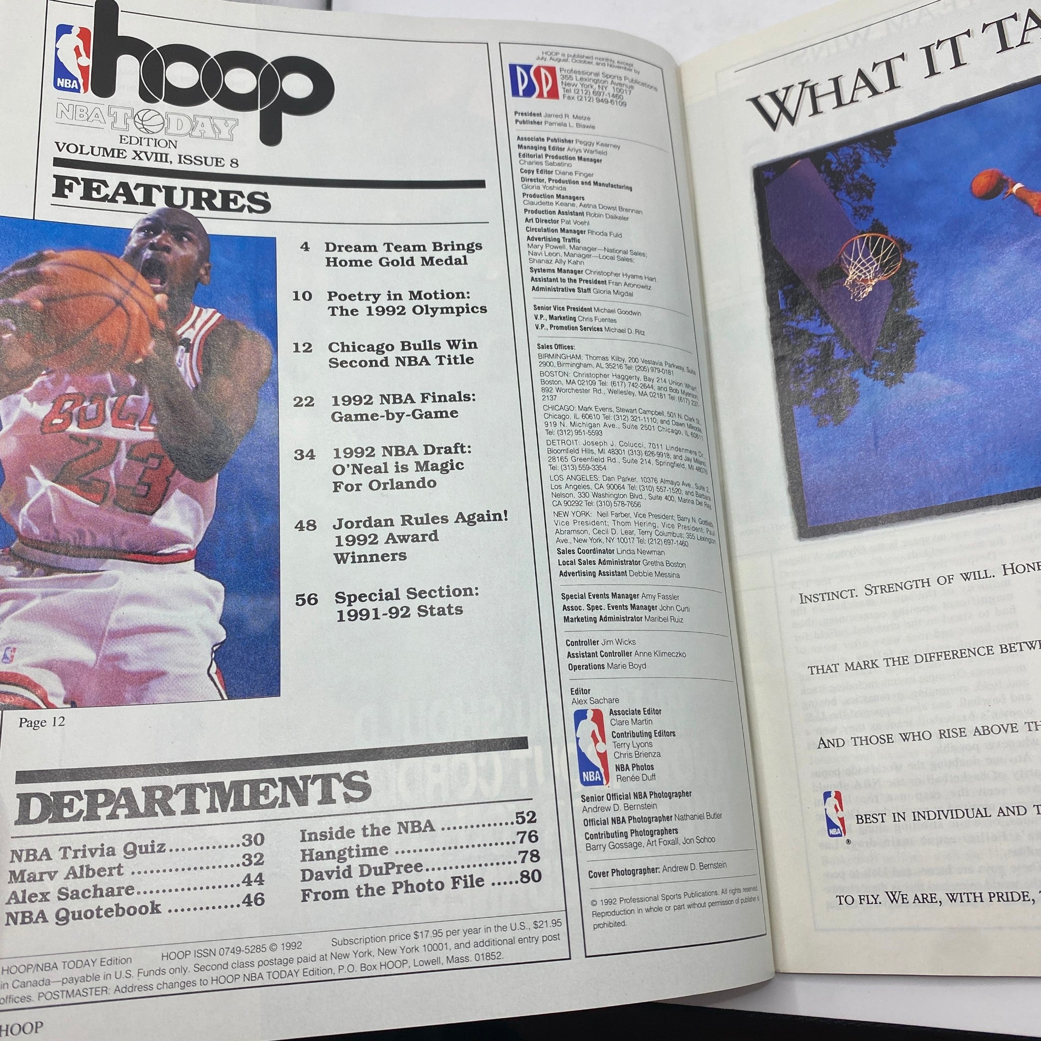 Inside page of NBA Hoop Magazine Fall 1992, featuring details on the Dream Team and other basketball highlights, showing player Michael Jordan and magazine features.