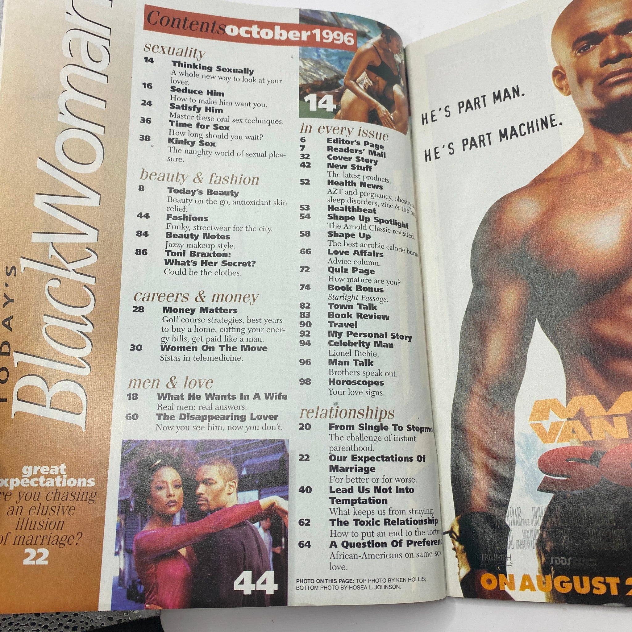 Contents page of Today's Black Woman Magazine, October 1996 displaying article topics including sexuality and relationships.