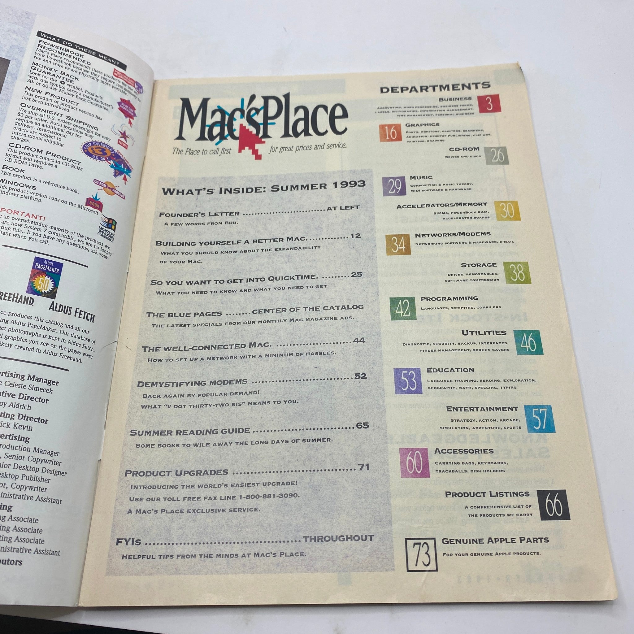 Inside page of Mac's Place Magazine Summer 1993 showcasing the table of contents and different sections related to Mac computing.