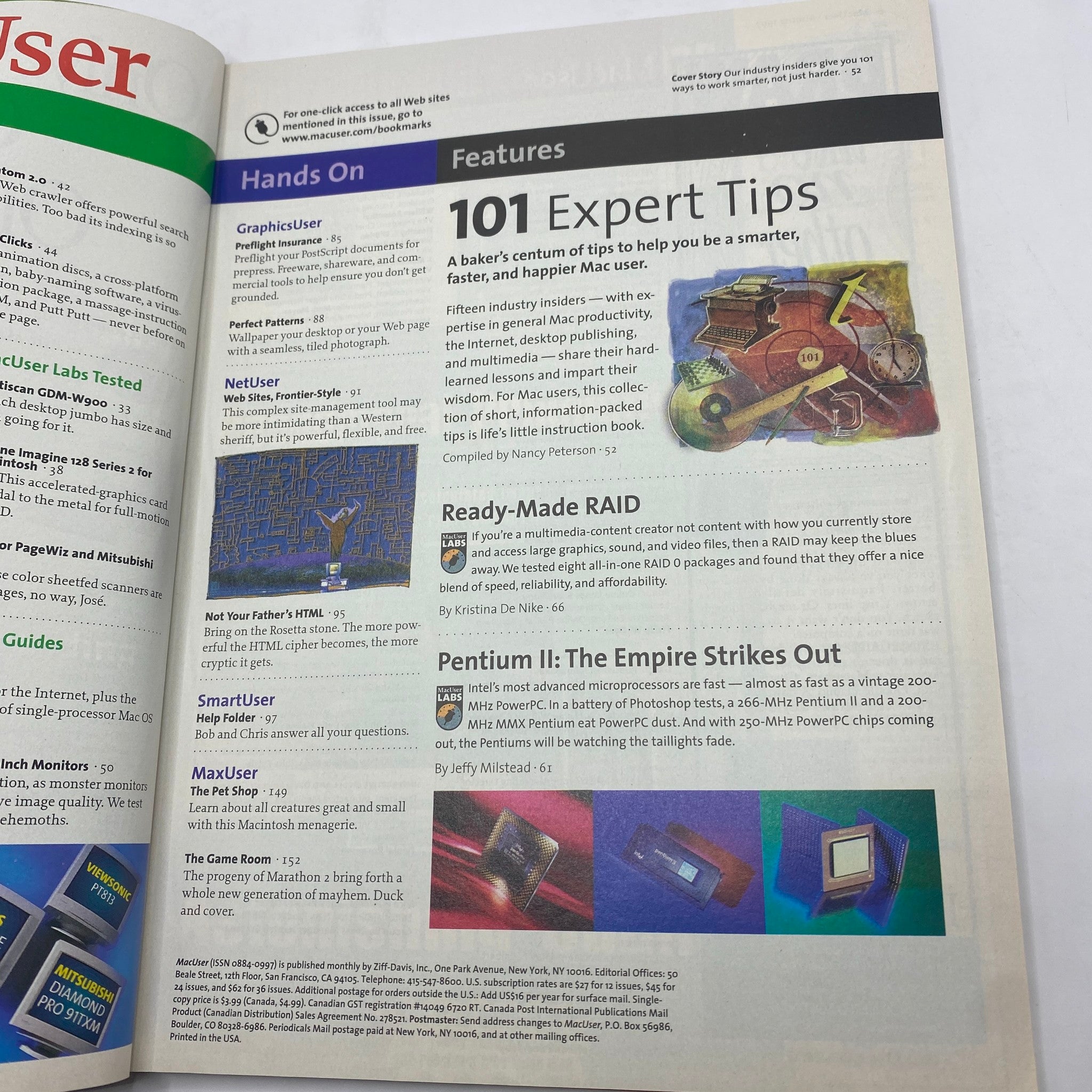 Interior page featuring '101 Expert Tips' from Mac User Magazine August 1997 Vol 13 No. 8 Best Mac Tips, showcasing essential advice for Mac users.