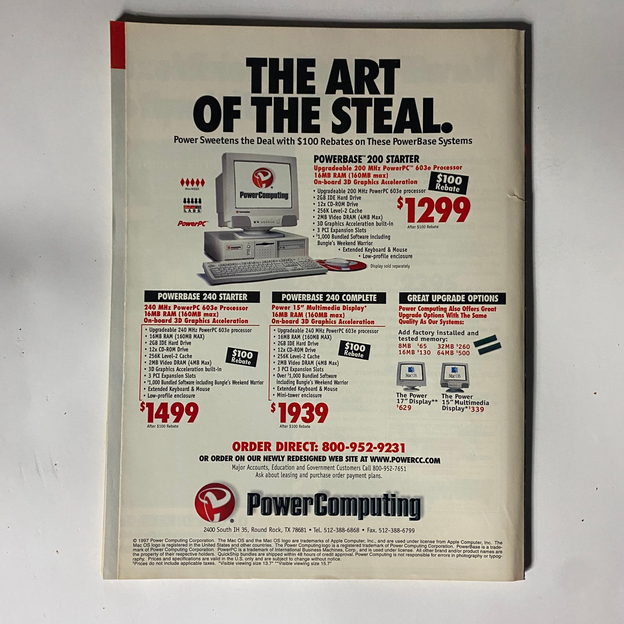 Advertisement for Power Computing featuring PowerBase 200 and 240 Systems from Mac User Magazine August 1997 Vol 13 No. 8 Best Mac Tips, highlighting pricing and system specifications.