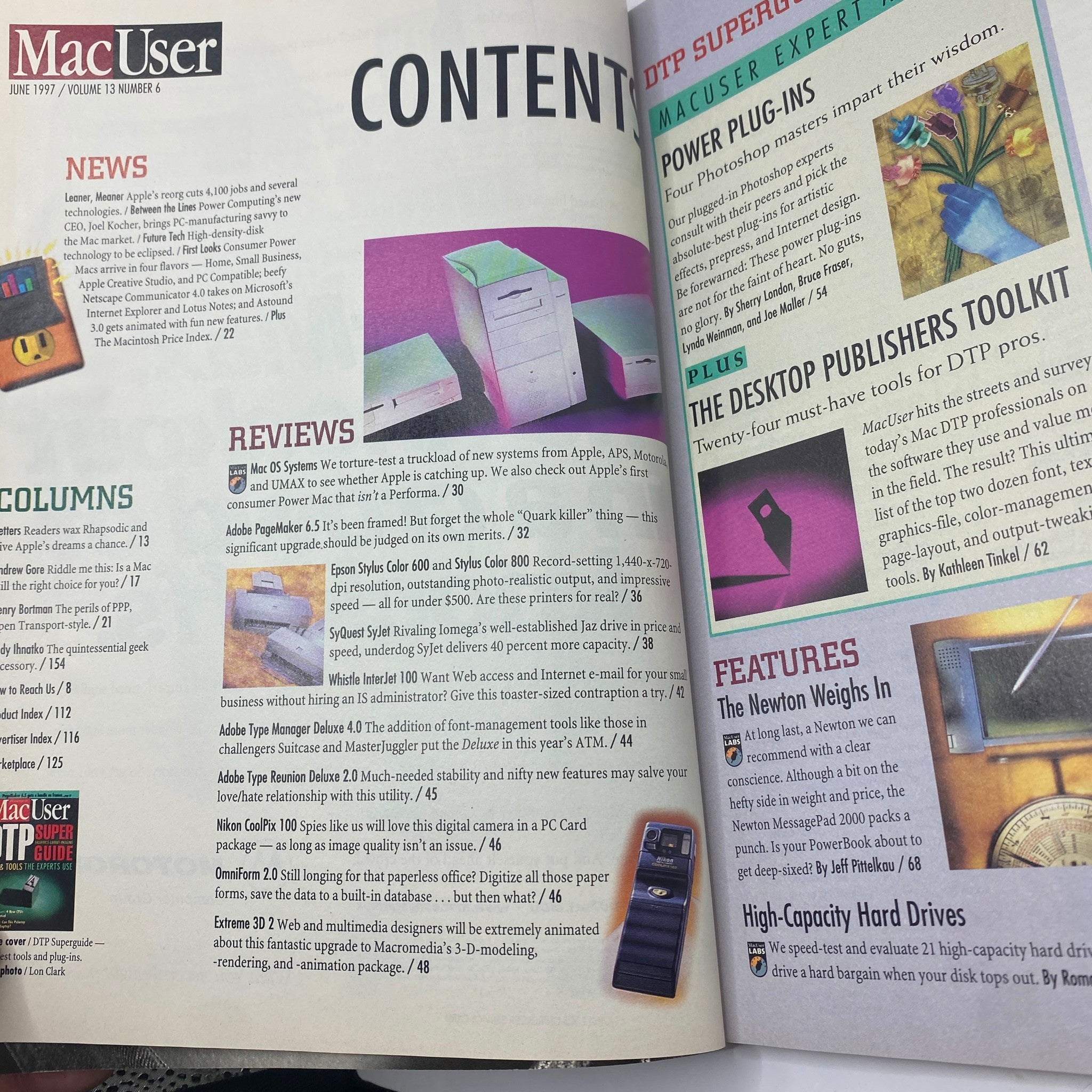 Contents page of Mac User Magazine June 1997, showcasing various articles and reviews on desktop publishing tools.