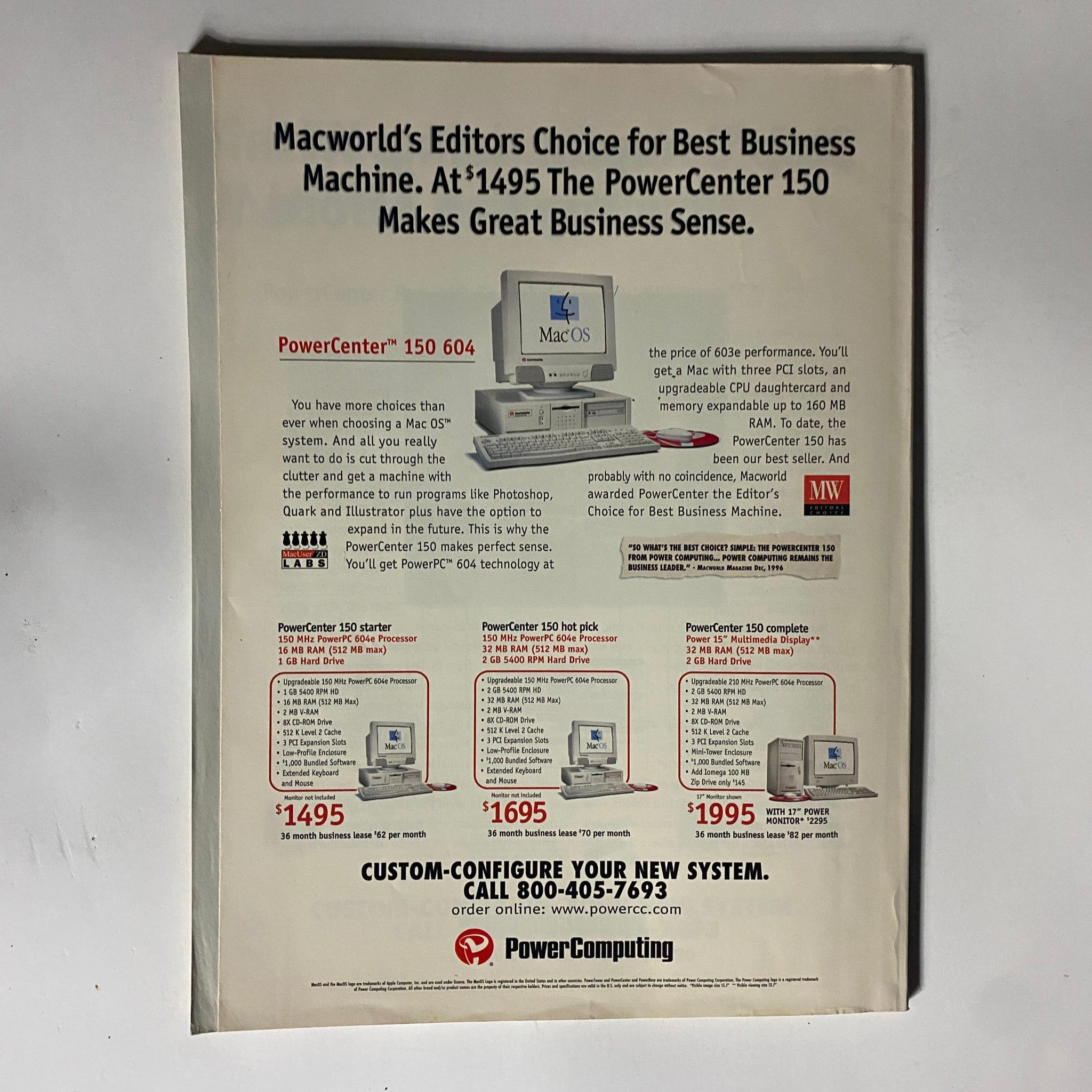 Vintage advertisement for PowerCenter 150, featured in Mac User Magazine June 1997, showcasing its specifications and pricing for desktop publishing solutions.