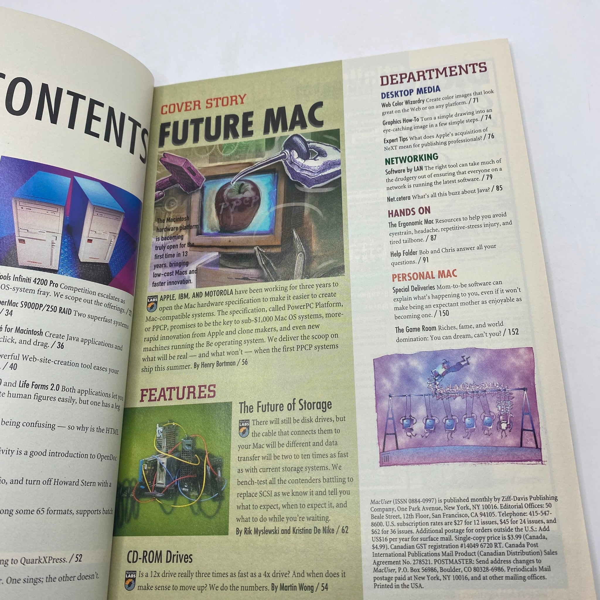 Another angle of the contents page from Mac User Magazine May 1997, displaying the cover story on 'Future Macs' and topics on technology integration.