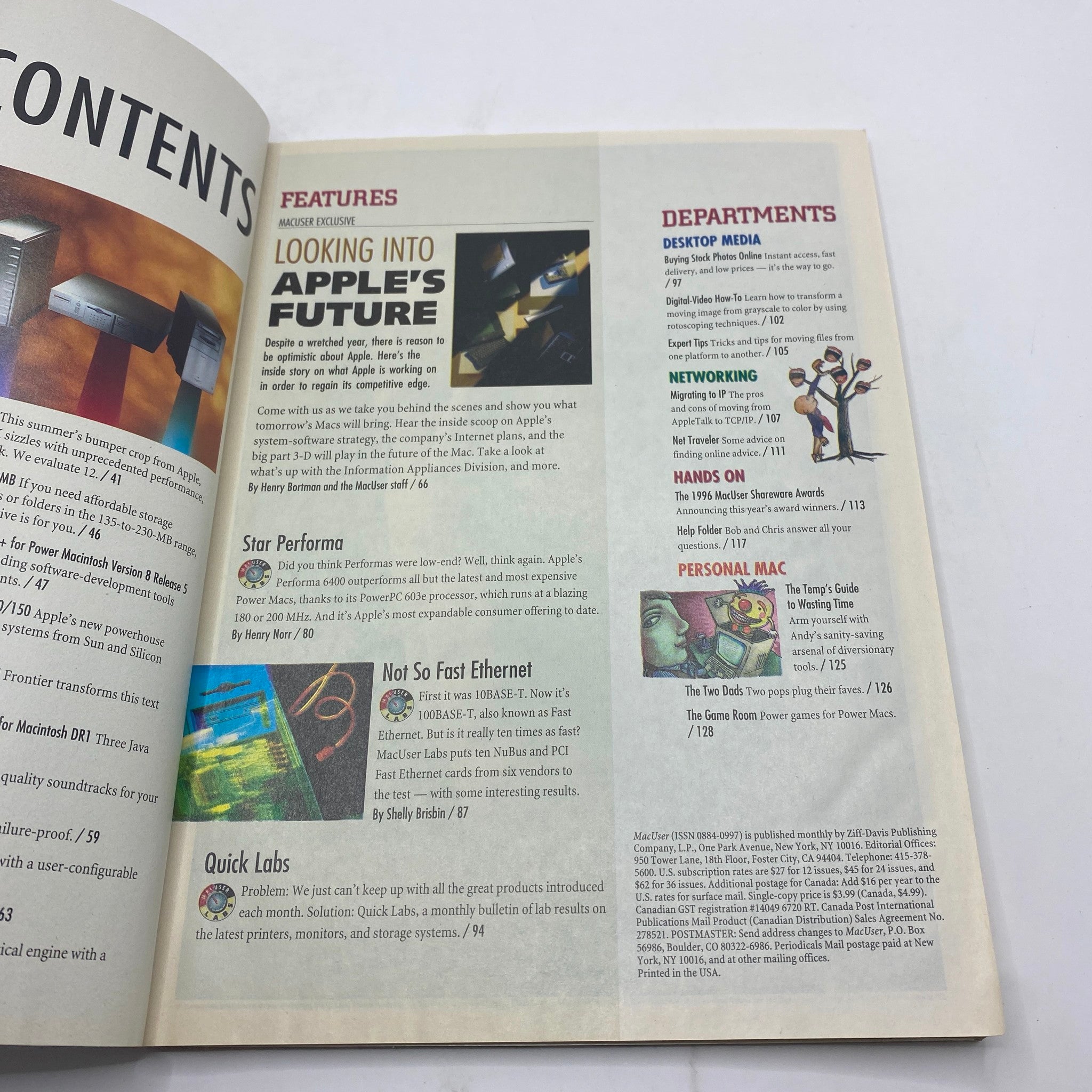 Features page from Mac User Magazine October 1996 highlighting exclusive insights into Apple's future, including their technology forecasts and product reviews.