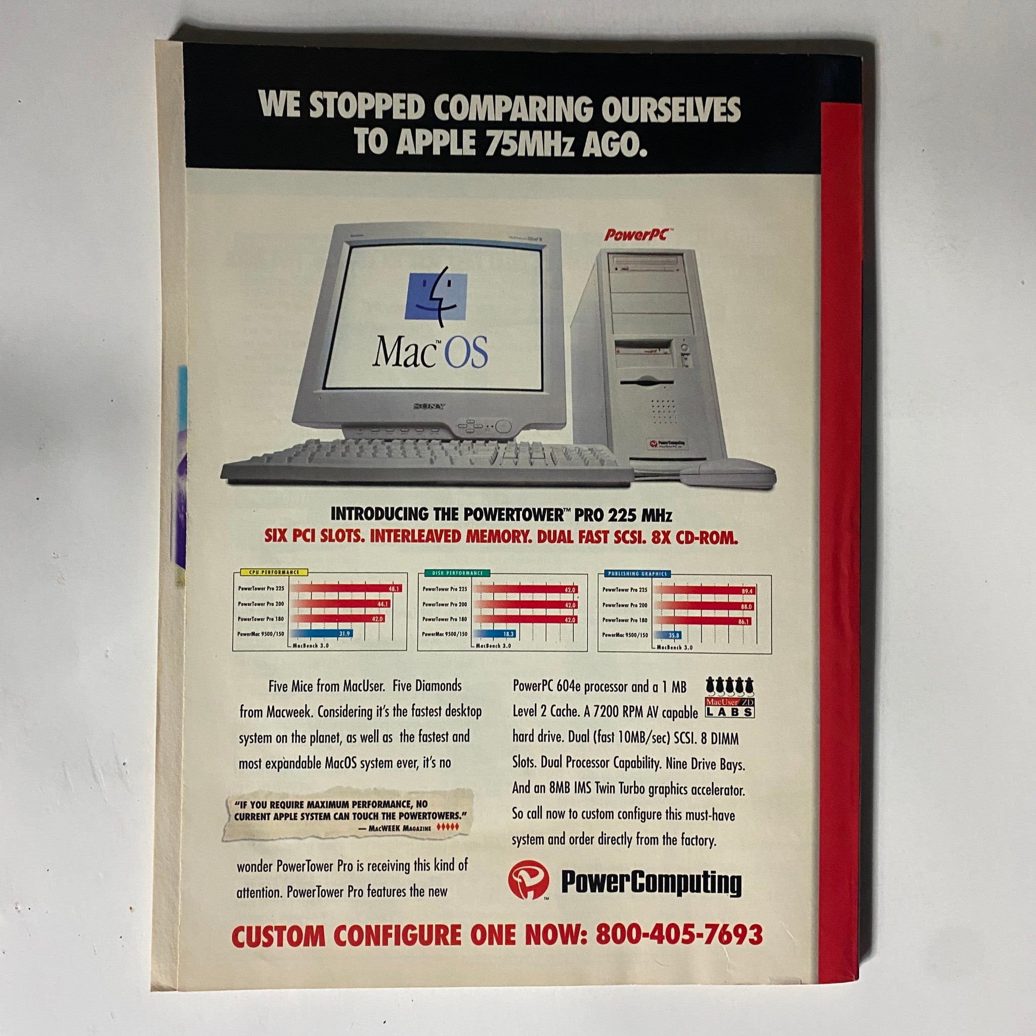 Advertisement page from Mac User Magazine October 1996 introducing the PowerTower Pro 225 MHz, detailing its specifications and features, reflecting on Apple comparisons.