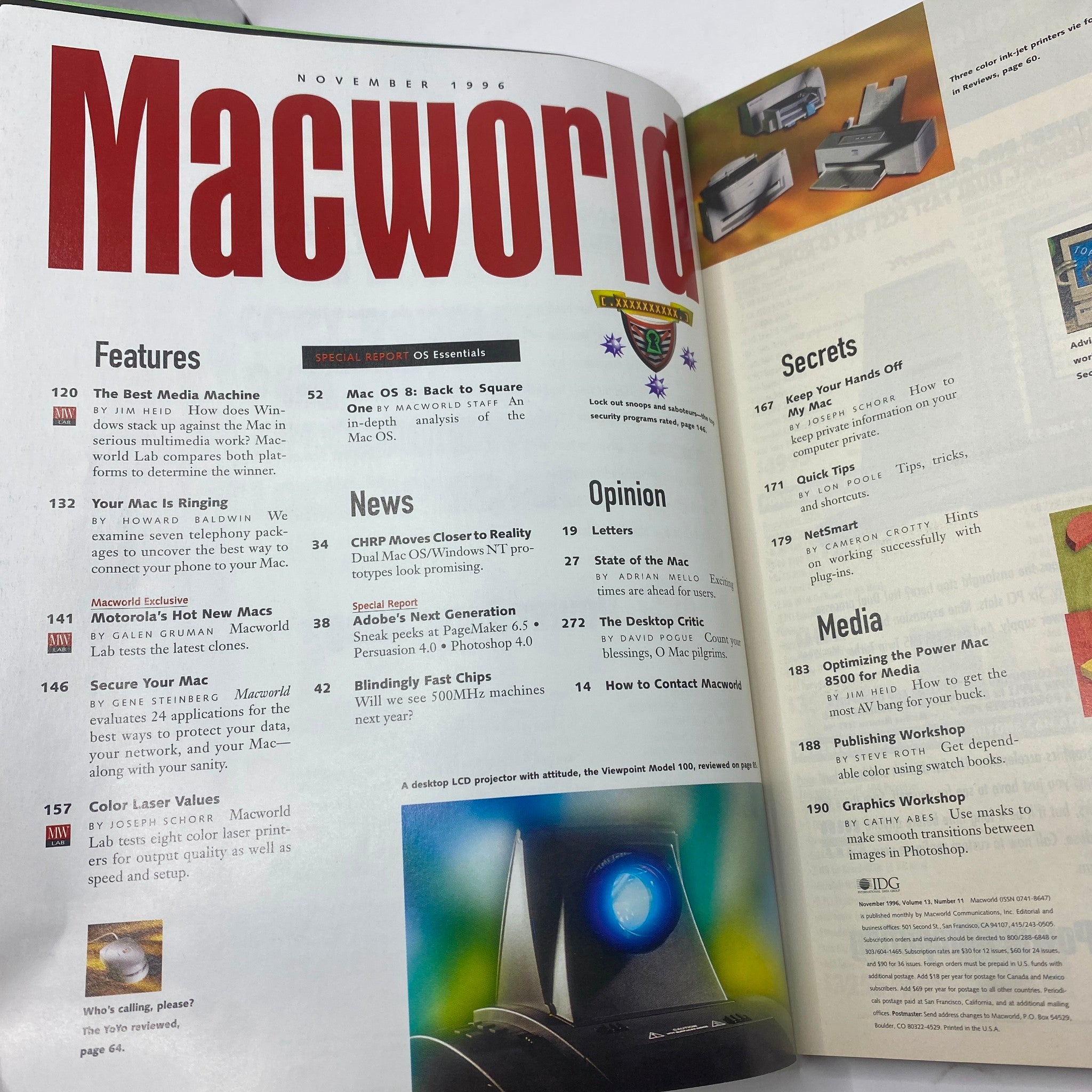 Interior page of MacWorld Magazine November 1996 showcasing features and sections including 'The Best Media Machine' and articles on multimedia technology, highlighted by bold typography.