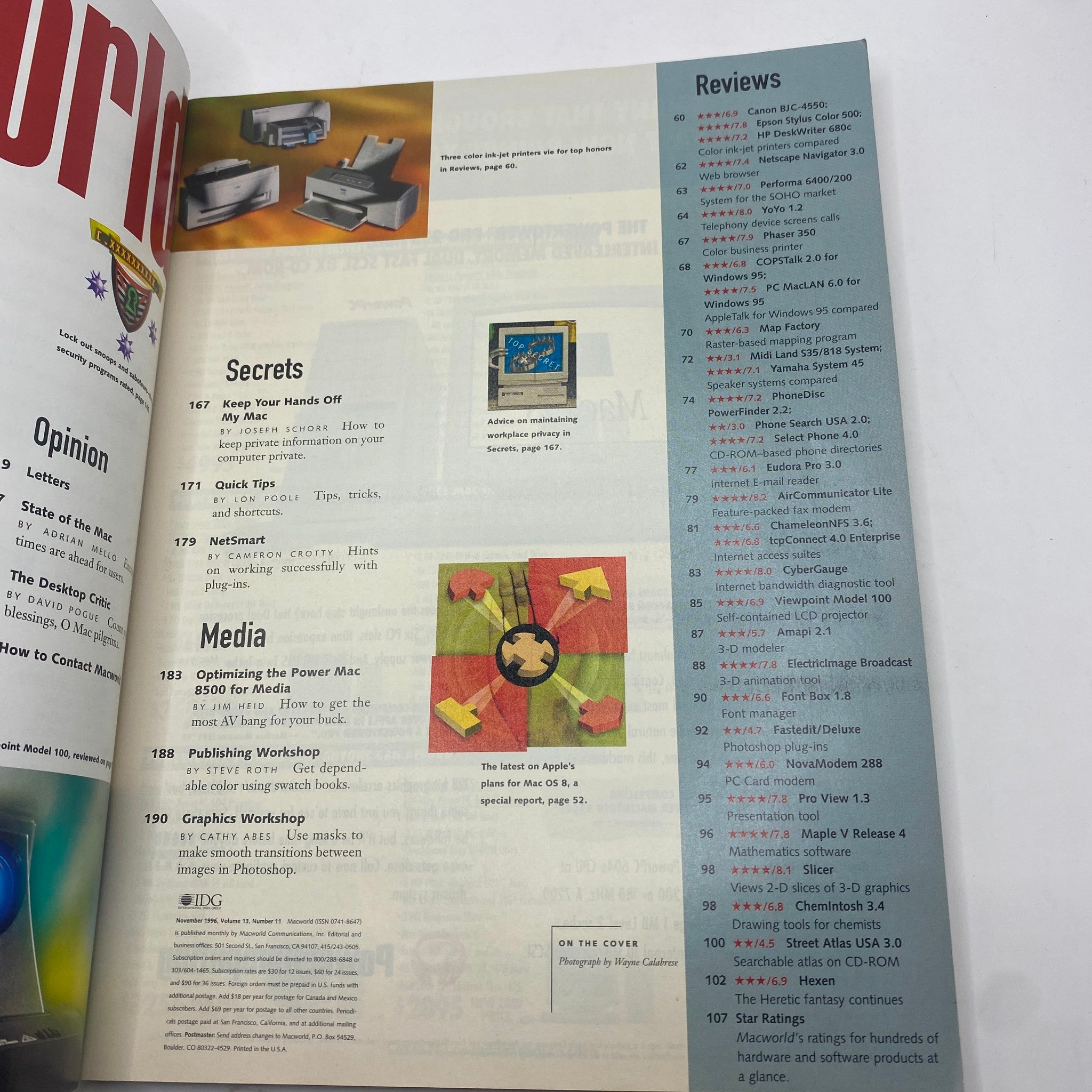 Another interior page of MacWorld Magazine November 1996 featuring reviews and tips on media, with sections like 'Secrets' and 'Media' displayed prominently.