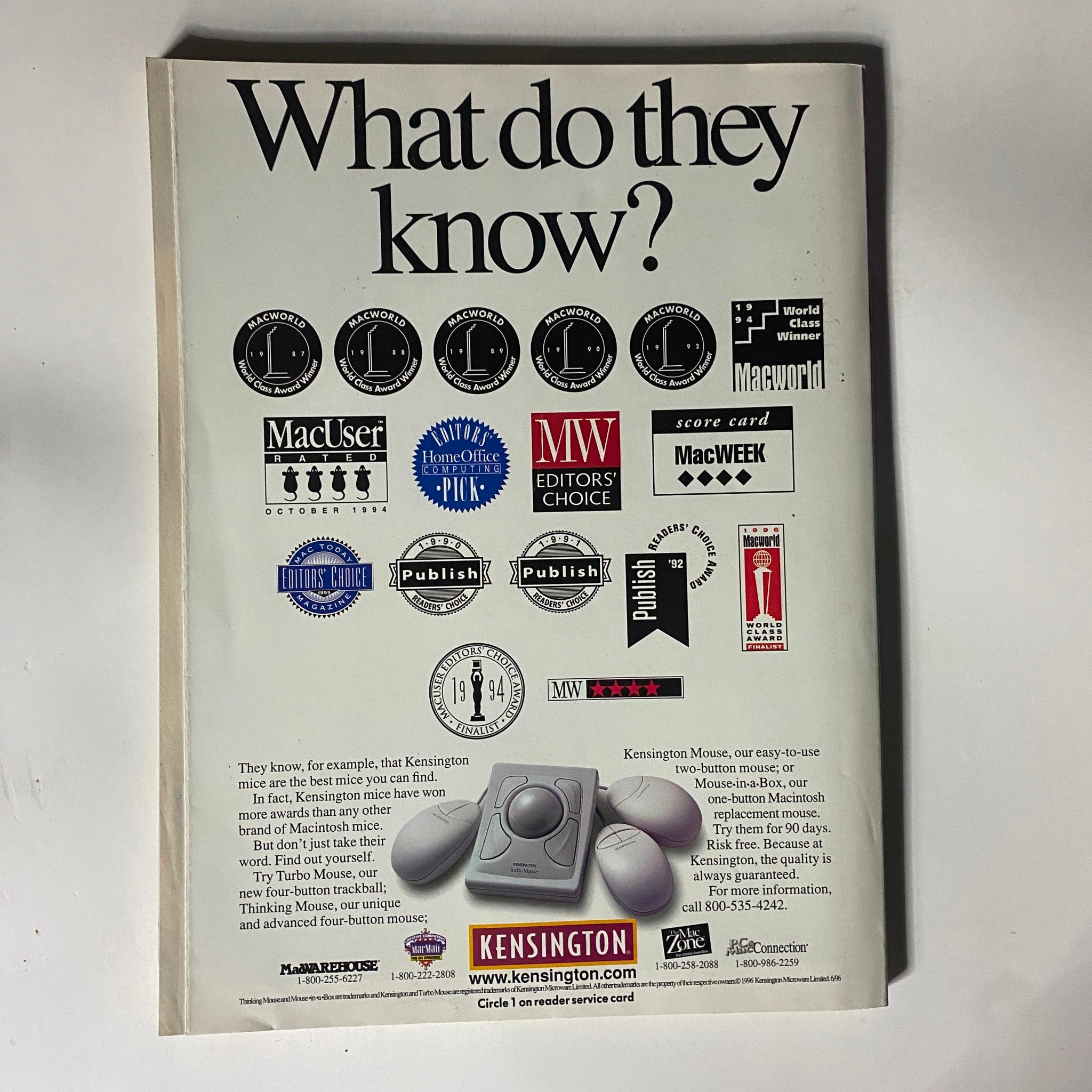Back cover of MacWorld Magazine November 1996 displaying advertisements and awards received by Kensington Mouse, promoting usability and design innovations.
