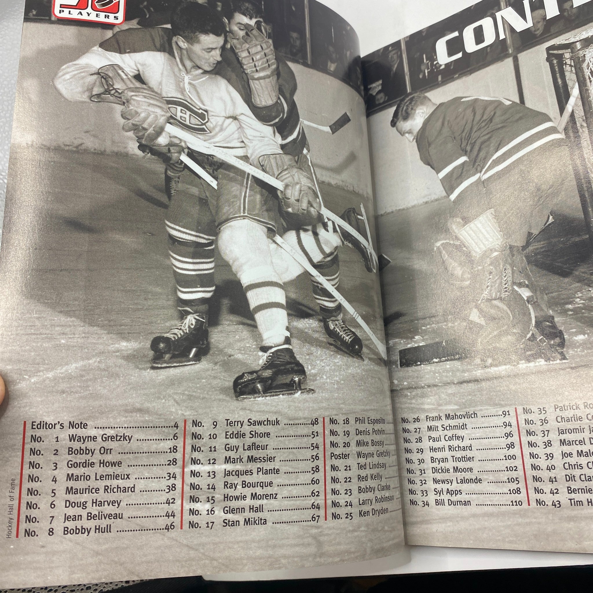 Inside page of The Hockey News Collector's Issue 1997 displaying the top 50 NHL players list. This page showcases the rankings and includes notable hockey legends alongside Wayne Gretzky.