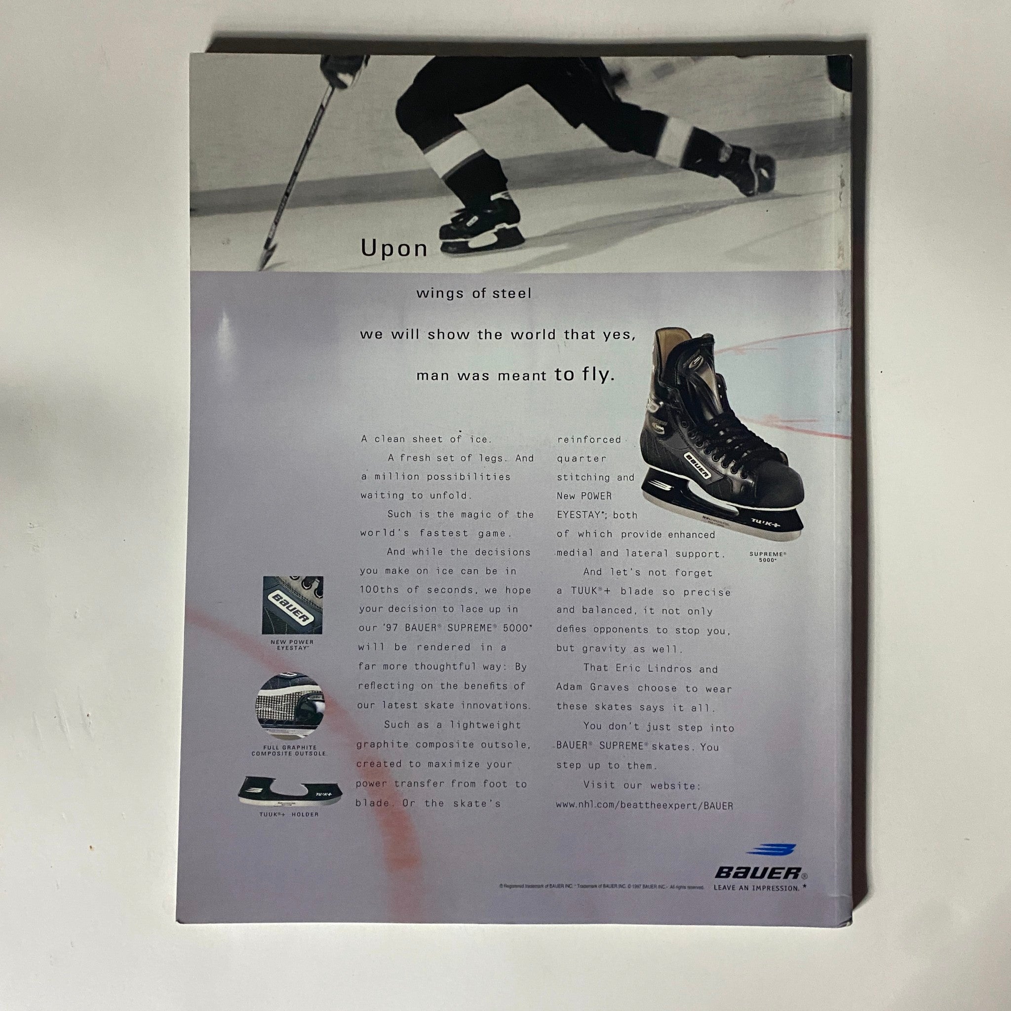 Back cover advertisement of The Hockey News Collector's Issue 1997, featuring Bauer Supreme 5000 skates, highlighting skate technology advancements with an emphasis on performance and player support.