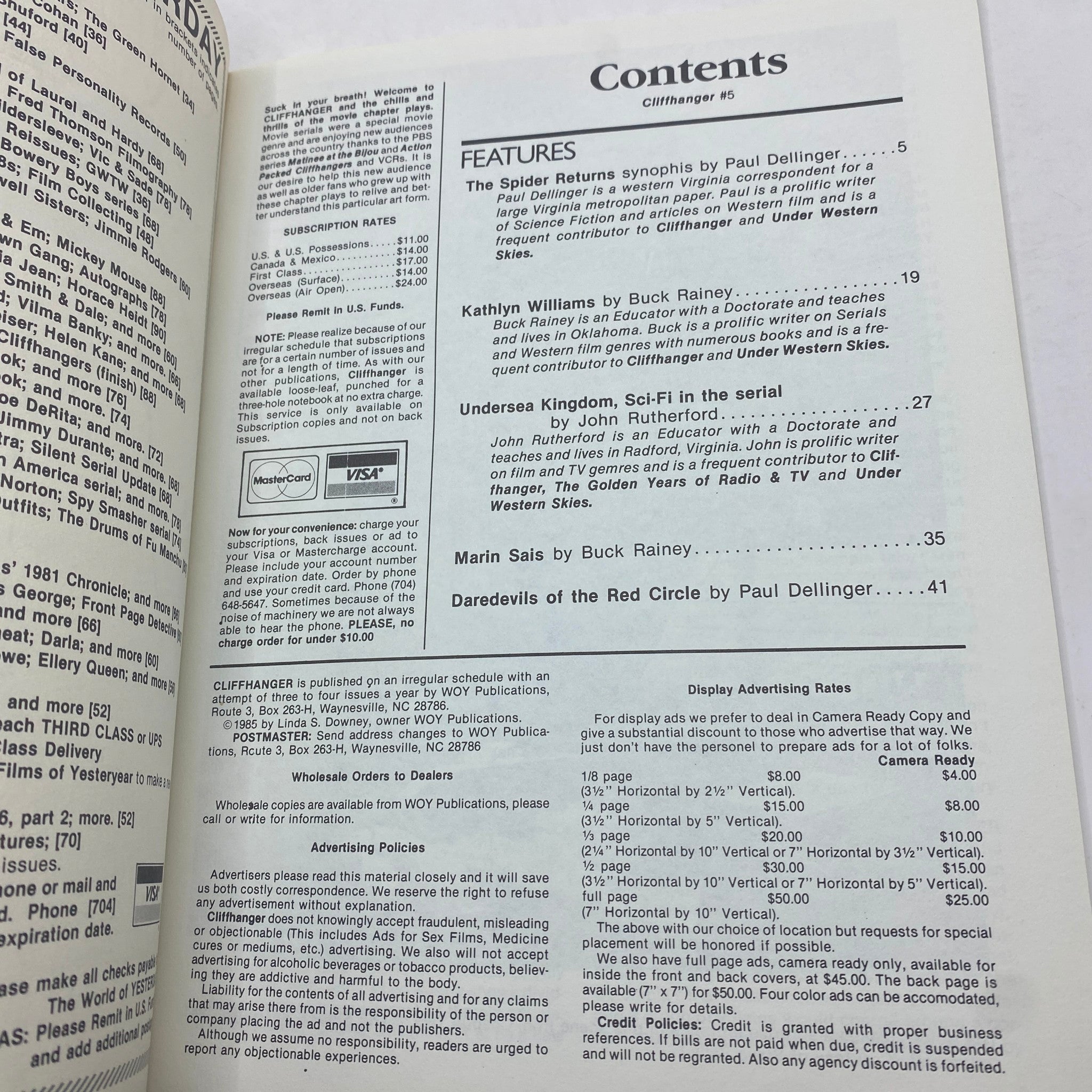 Interior page of VTG Cliffhanger Magazine No. 5 1985 featuring the table of contents, including features like 'The Spider Returns' and contributions by various authors. Ideal for vintage magazine collectors.