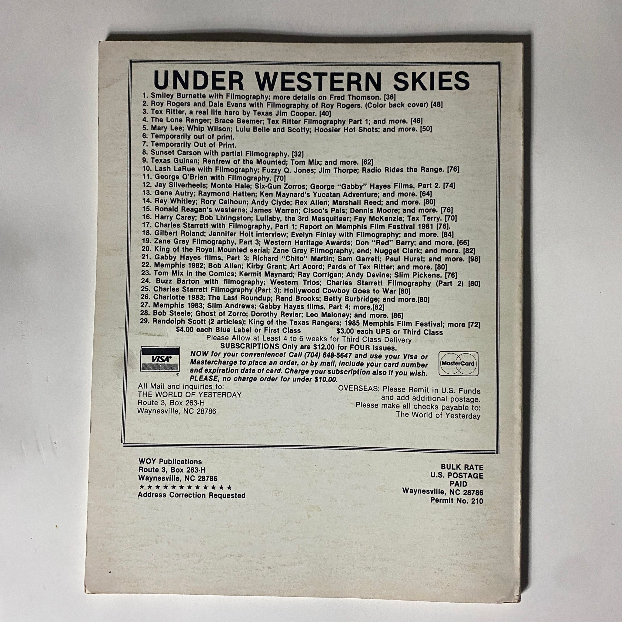 Back cover of VTG Cliffhanger Magazine No. 5 1985 showcasing listings and filmography details related to western films and contributors. A valuable artifact for enthusiasts of vintage comic history.