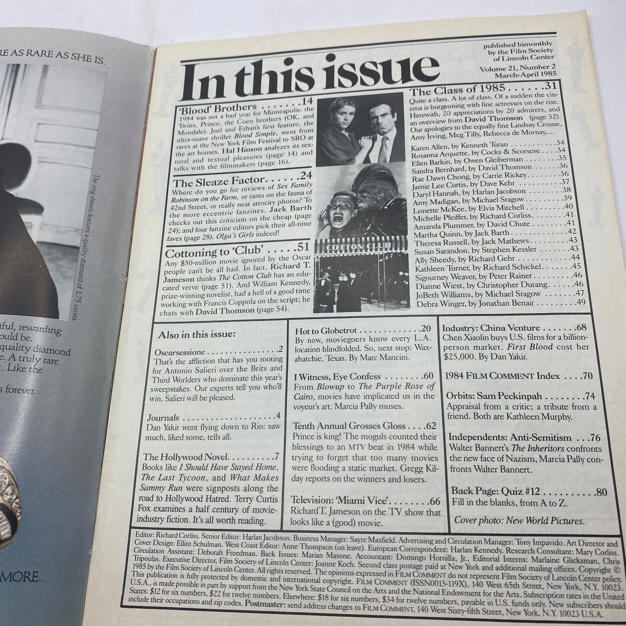 Table of contents page from Film Comment Magazine April 1985, showcasing featured articles including Blood Brothers and The Class of 1985.