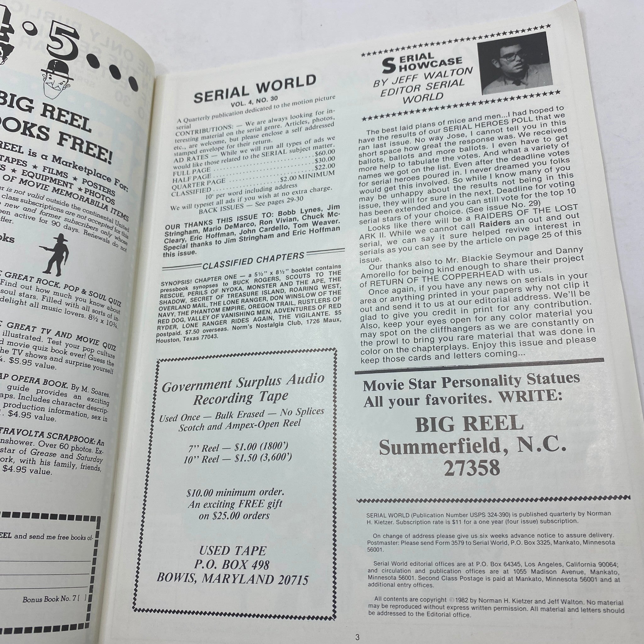 Inside page of Vintage Serial World Magazine Spring 1982 showcasing articles and advertisements related to film and serials, featuring the editorial section.