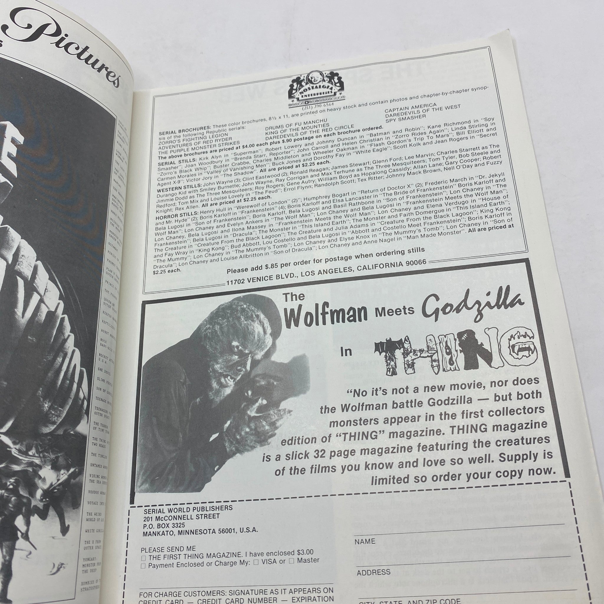 Another inside page of Vintage Serial World Magazine Spring 1982 displaying an advertisement for 'THING' magazine and other content related to classic films.