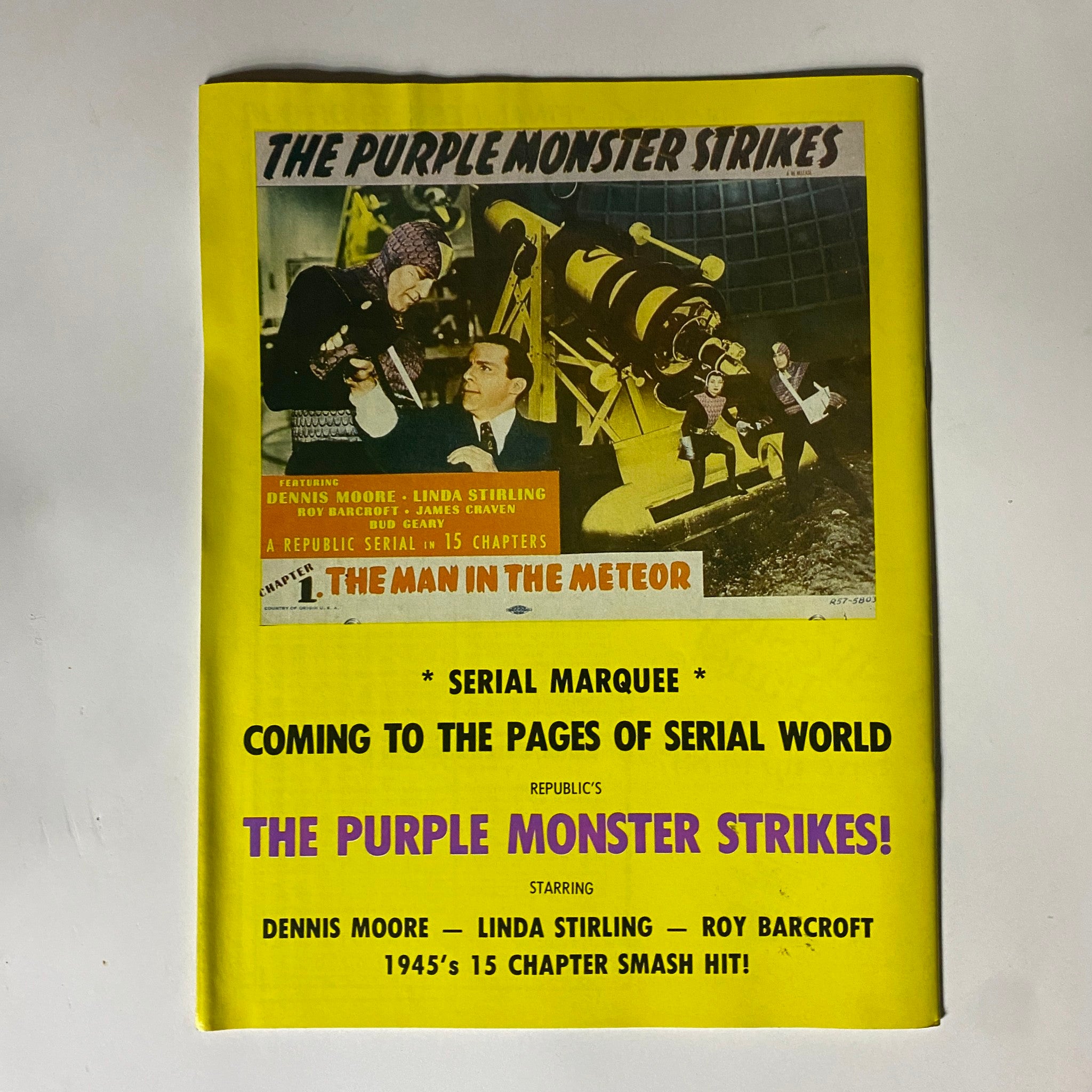 Promotional page from Vintage Serial World Magazine Spring 1982 highlighting 'The Purple Monster Strikes', featuring key cast members and a related story synopsis.