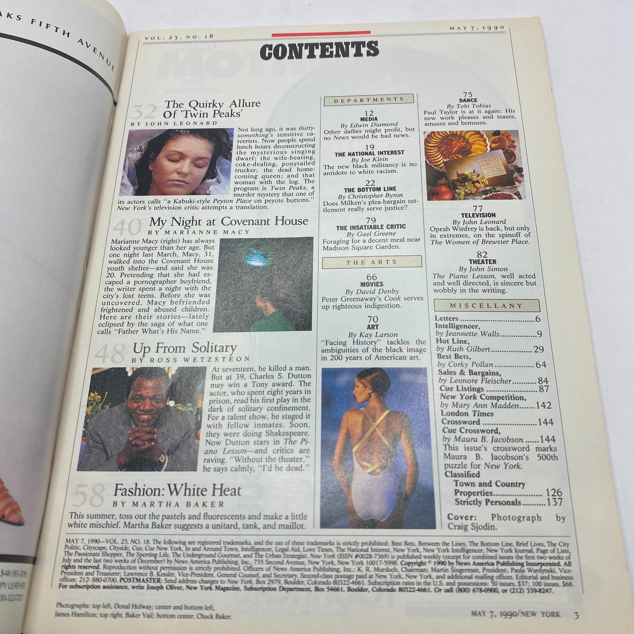 Contents page of New York Magazine dated May 7, 1990, highlighting articles including 'The Quirky Allure of Twin Peaks' and other features relevant to the era.