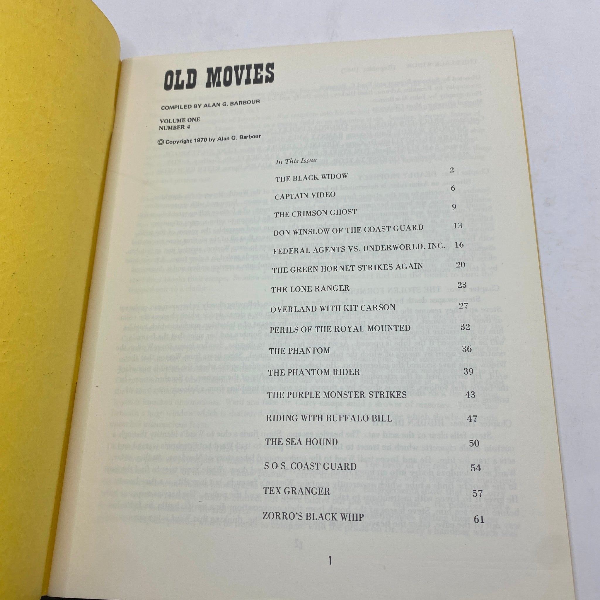 Page from VTG Old Movies Fanzine Magazine 1970 Vol 1 No 4 showcasing contents including titles like The Black Widow and Captain Video.