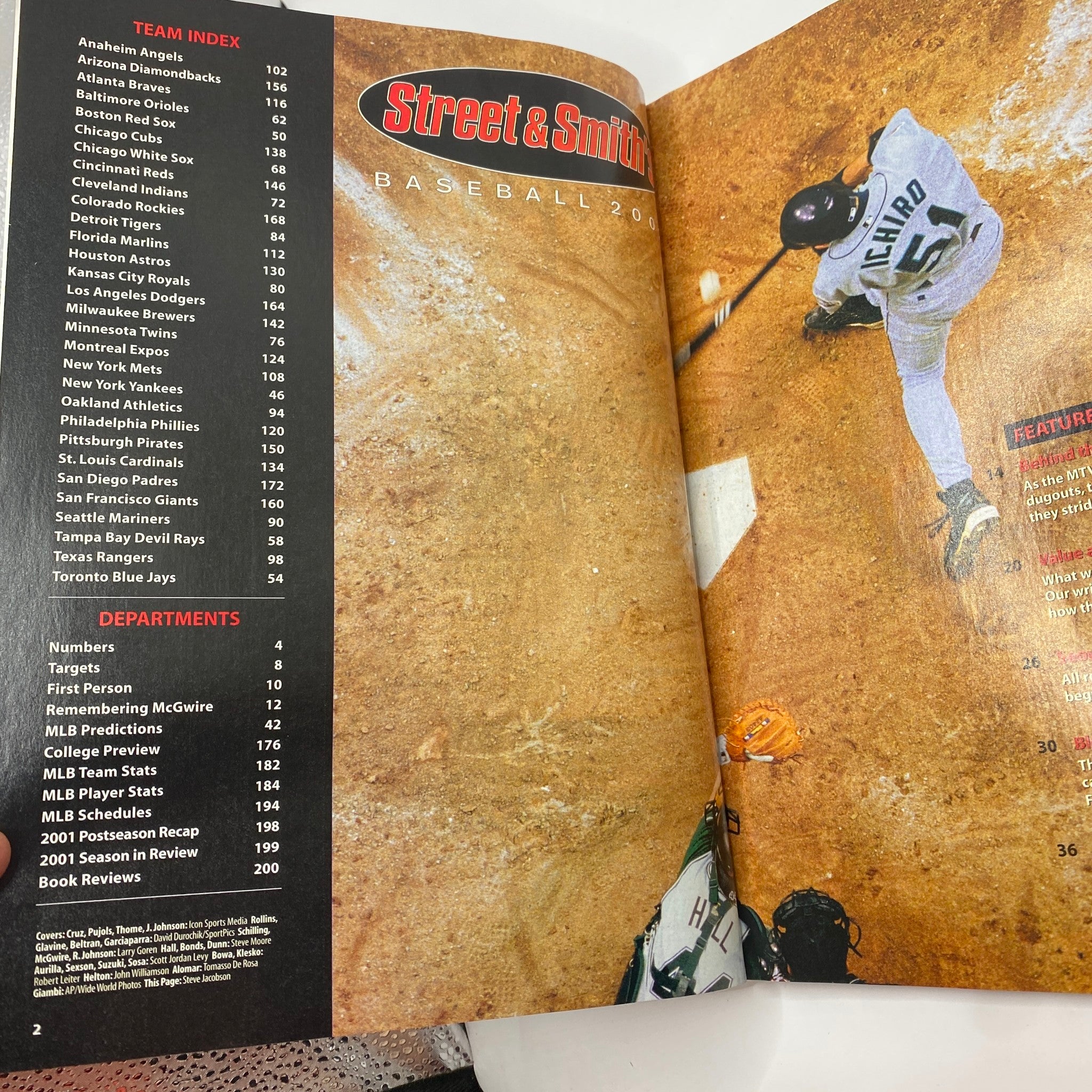 Interior page of Street & Smith's Baseball Magazine 2002 showing team index and early 2000s baseball stats.