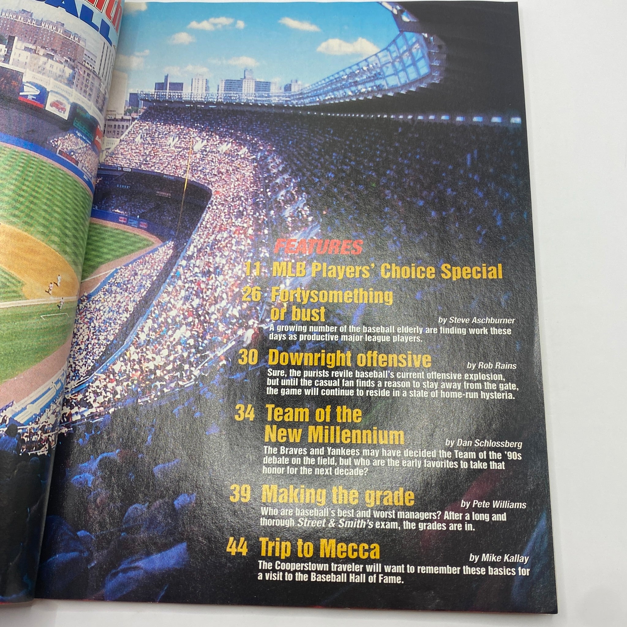 Inside feature spread from Street & Smith's Baseball Magazine 2000, detailing special topics like MLB Players' Choice and teams of the new millennium.
