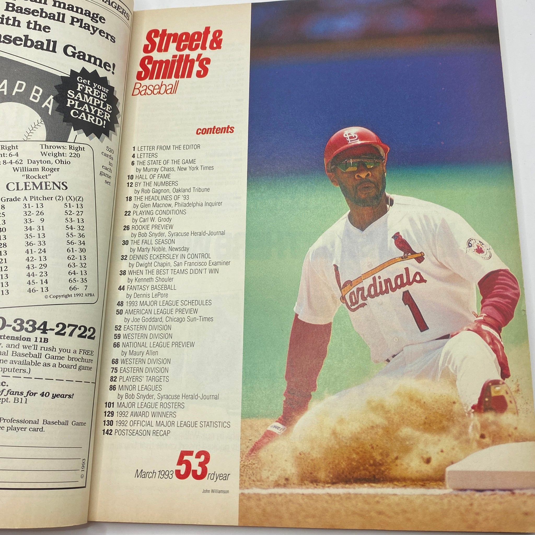 Inside page of Street & Smith's Baseball Magazine 1993 showing the table of contents. The page includes details on articles and features related to baseball for the 1993 season.