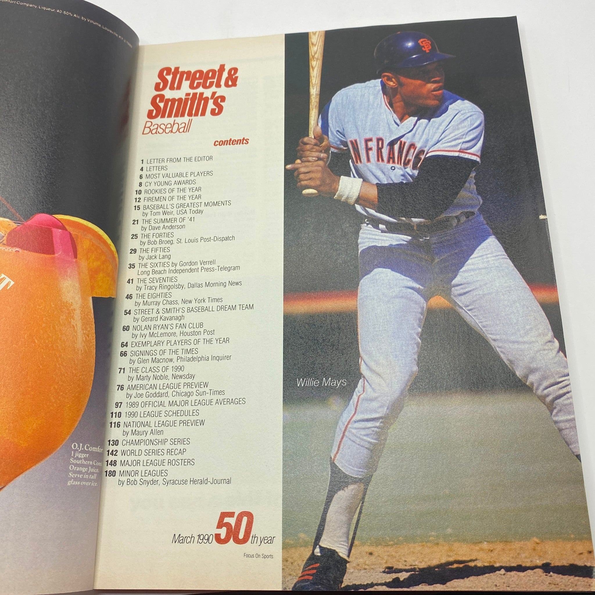 Table of contents from Street & Smith's Baseball Magazine 1990 Collector's Edition featuring notable players including Willie Mays, highlighting the magazine's focus on historical baseball moments.