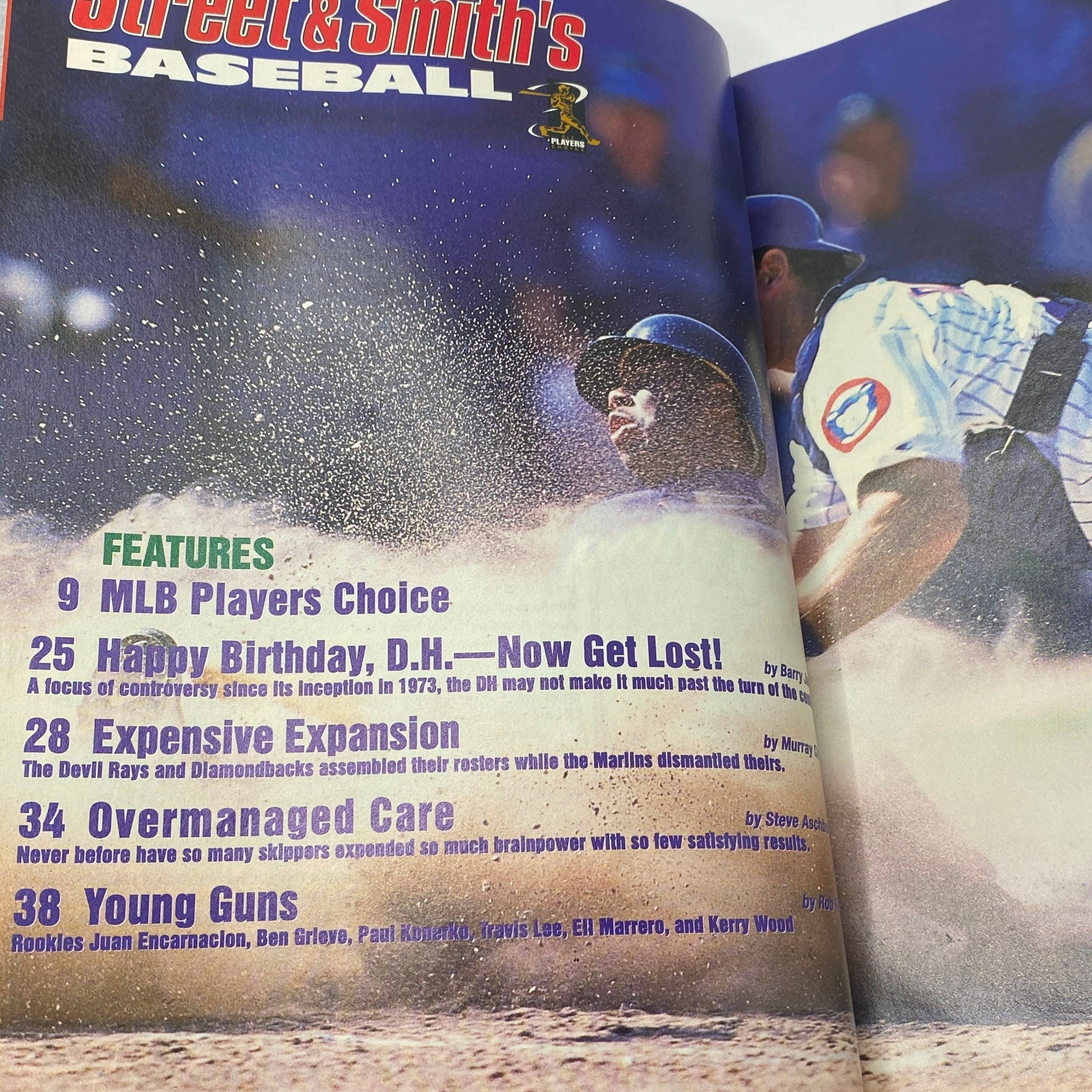 Inside page of Street & Smith's Baseball Magazine 1998 with articles featured, including 'MLB Players Choice' and 'Happy Birthday, D.H.—Now Get Lost!', capturing the essence of the season.