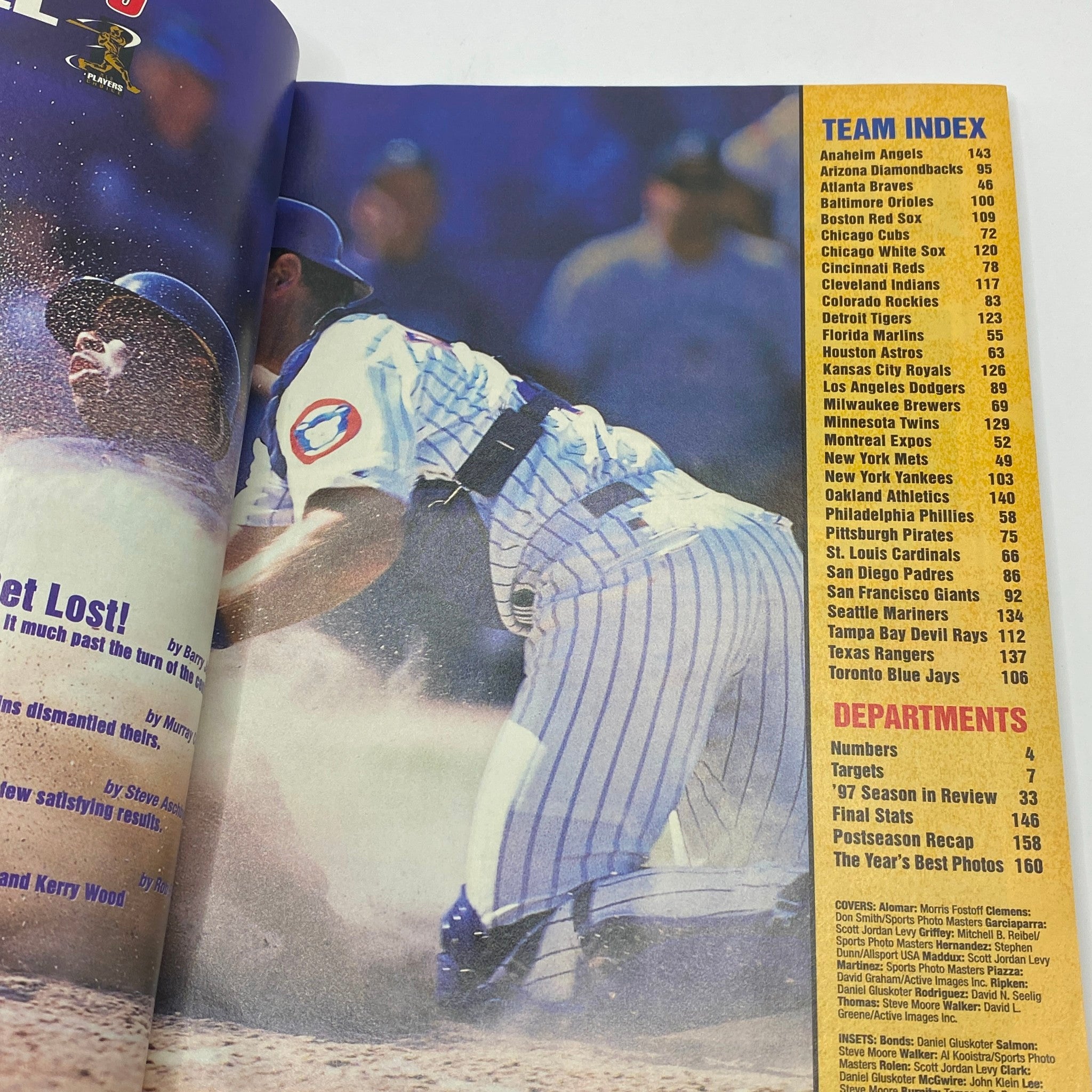 Another inside page of Street & Smith's Baseball Magazine 1998, detailing the team index with information on Major League Baseball teams for that season.