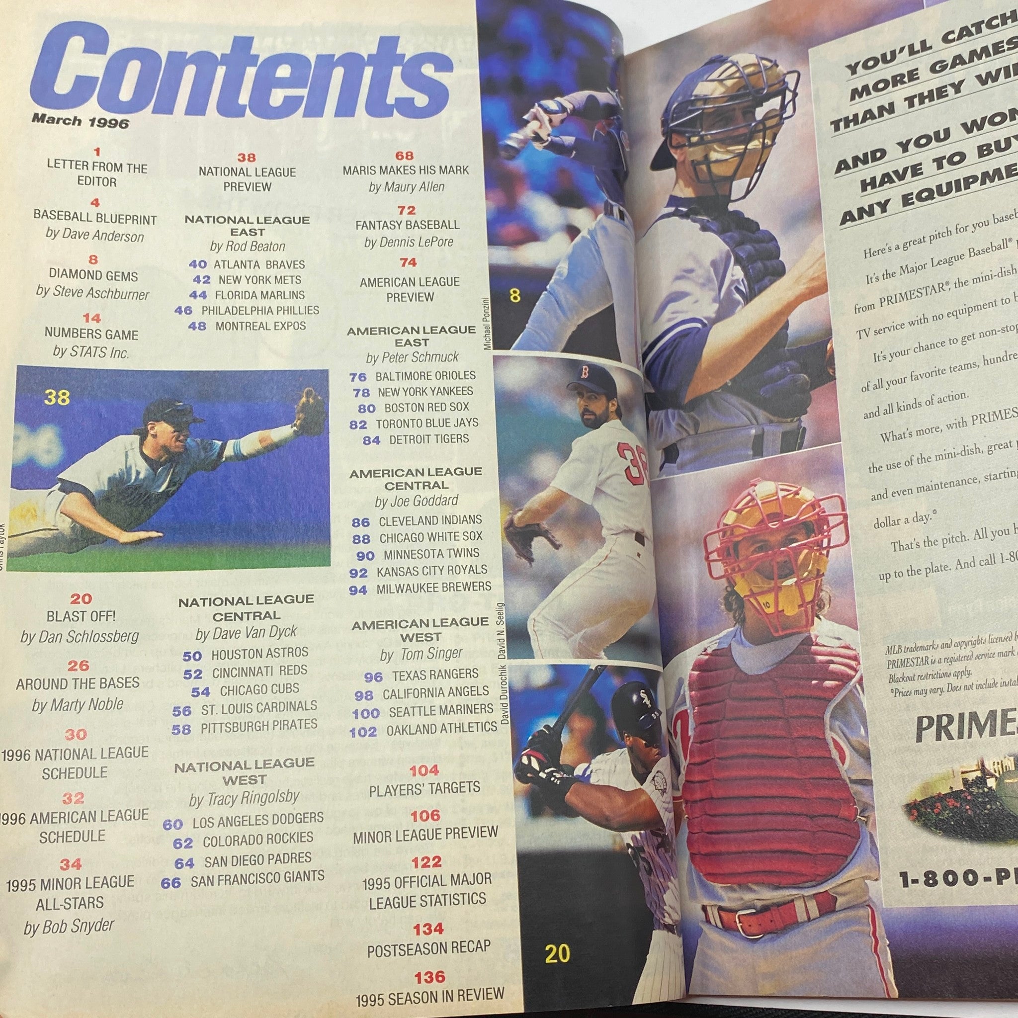 Contents page of Street & Smith's Baseball Magazine 1996, detailing articles and features related to Major League Baseball.