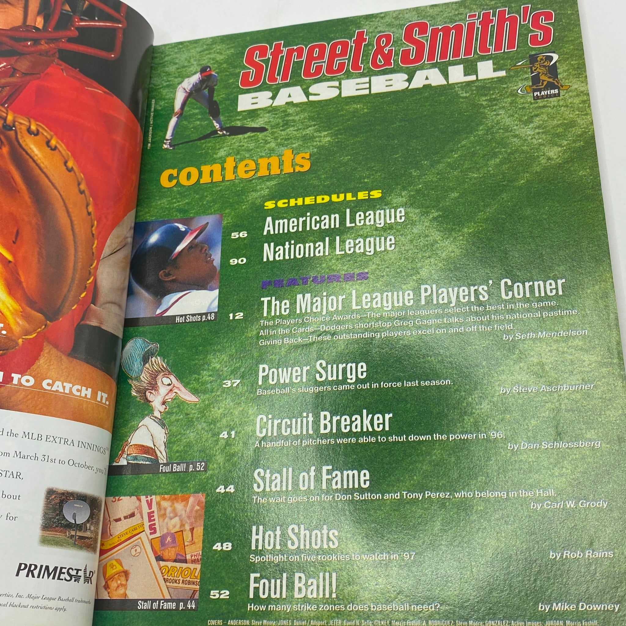 Contents page of Street & Smith's Baseball Magazine 1997, detailing featured articles including 'Power Surge' and 'Foul Ball!'.