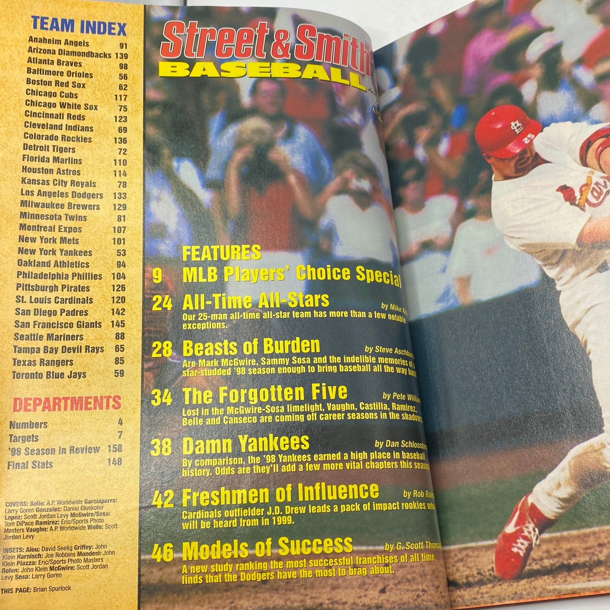 Inside page of Street & Smith's Baseball Magazine 1999 displaying the team index and features including MLB Players' Choice Special and All-Time All-Stars.