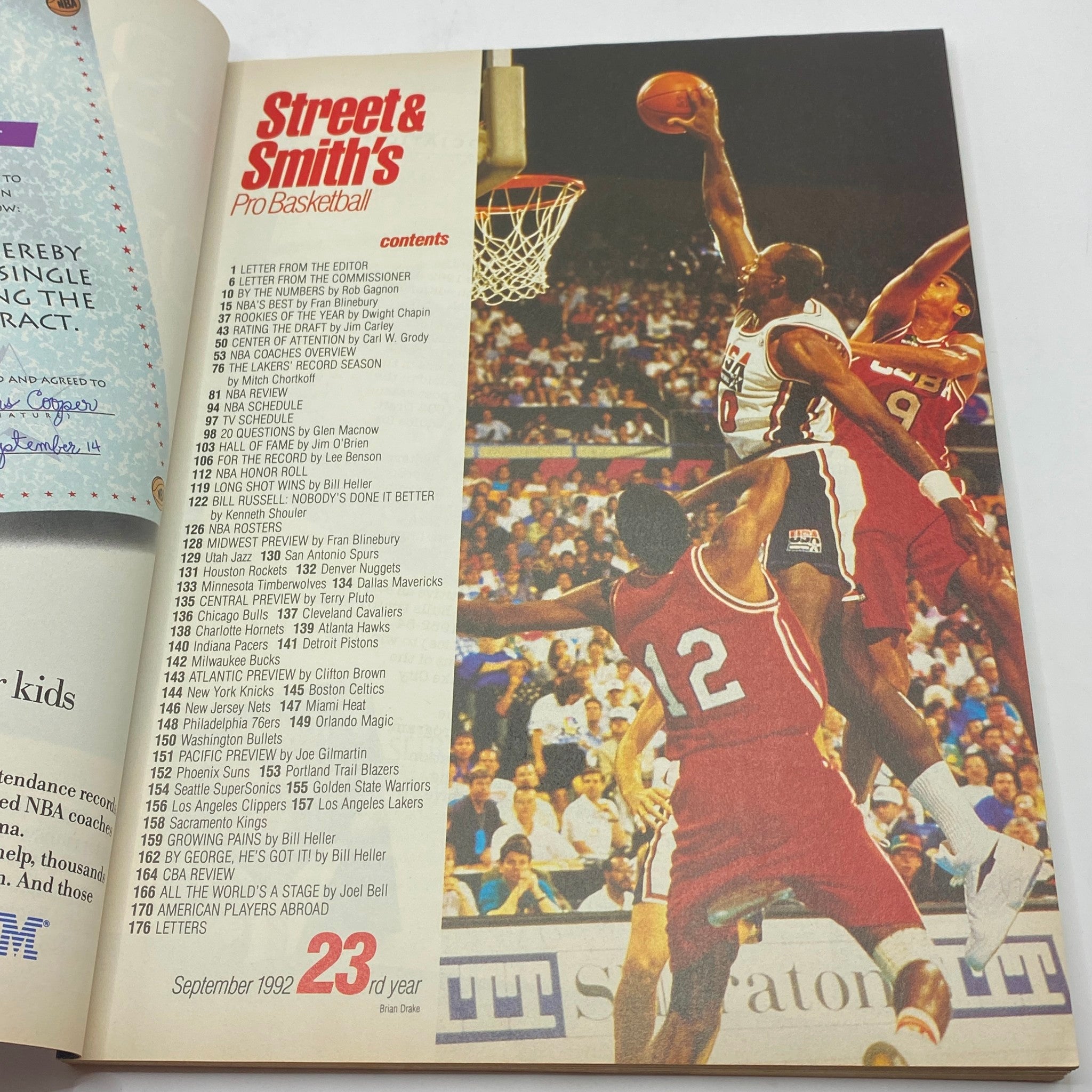 Contents page of Street & Smith's Pro Basketball Magazine 1992-1993, featuring an overview of articles and highlights from the magazine including noted players and key themes from the NBA season.