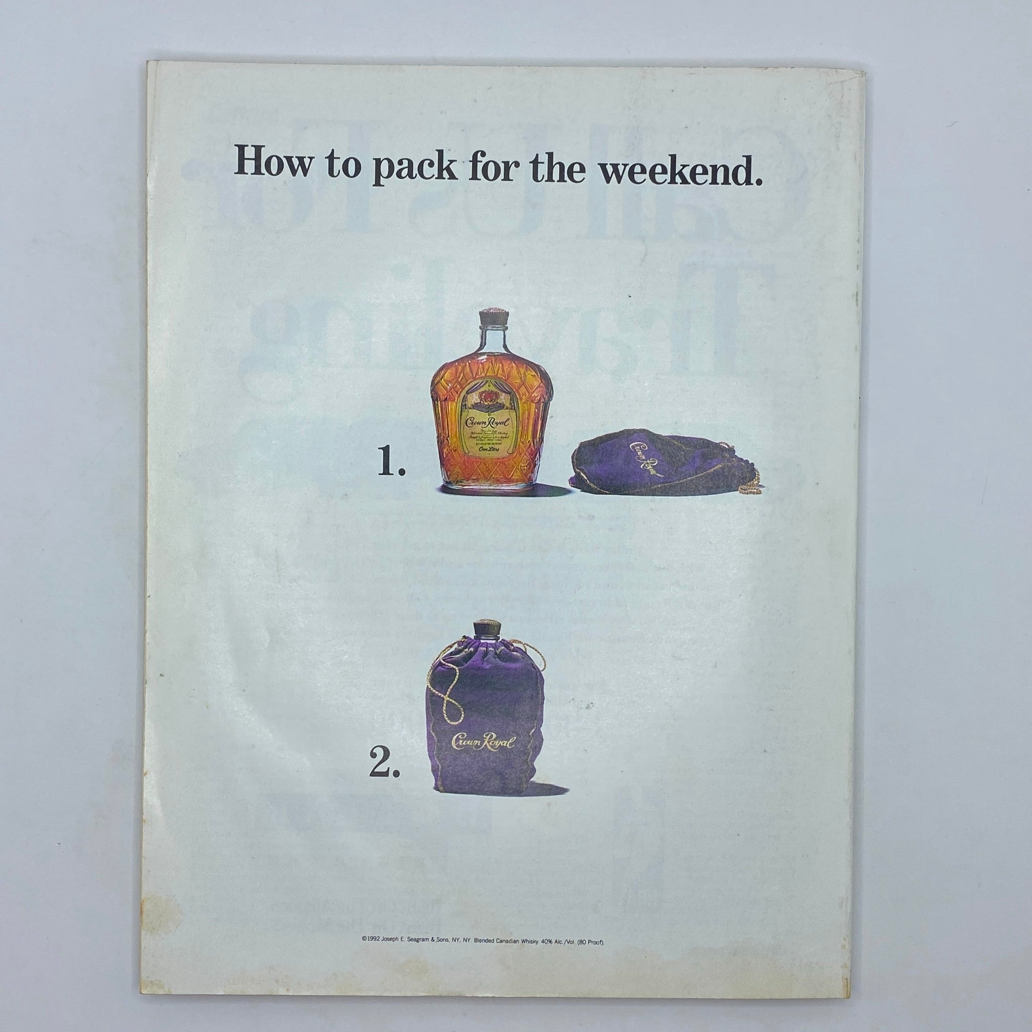 Back cover of Street & Smith's Pro Basketball Magazine 1992-1993, displaying an advertisement illustrating 'How to pack for the weekend' with brand imagery for Crown Royal.