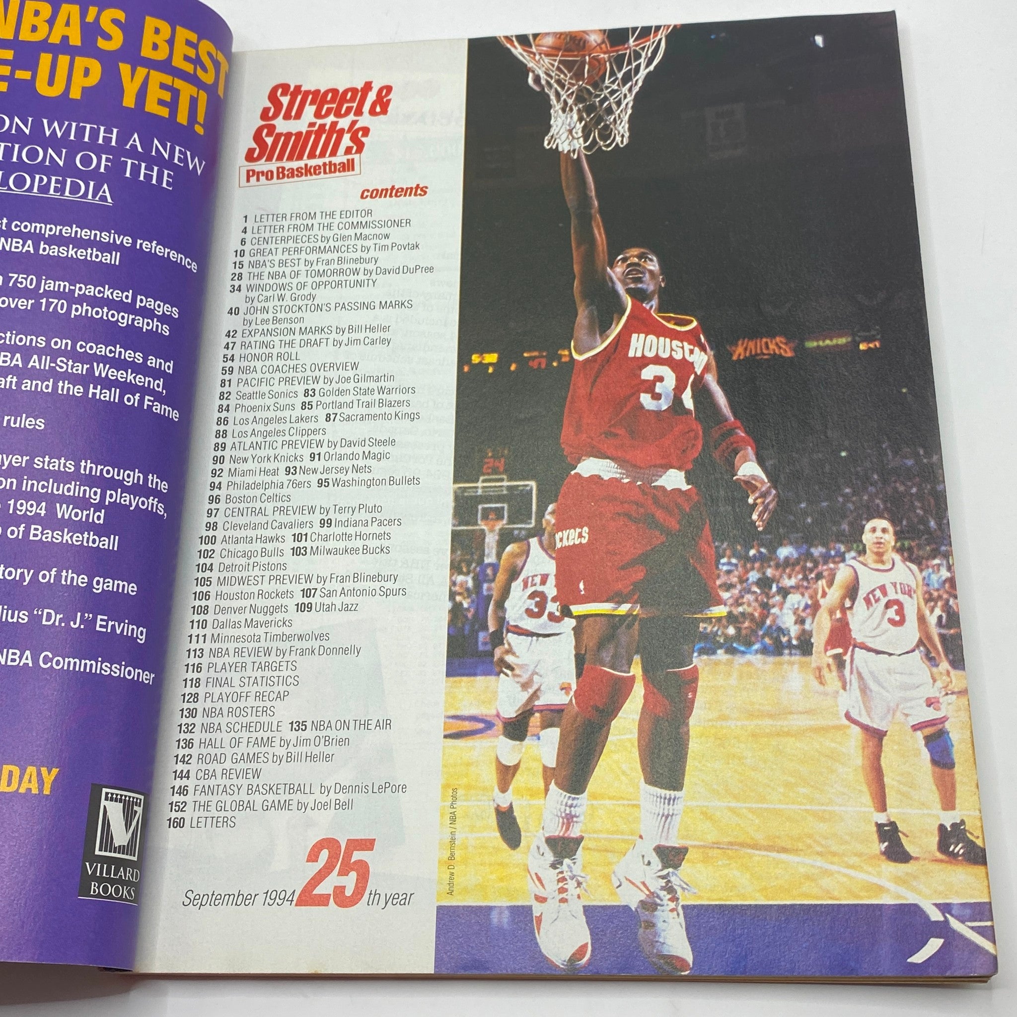 Interior page from Street & Smith's Pro Basketball Magazine 1994-1995, displaying contents and an image of a player dunking in a Houston Rockets jersey.