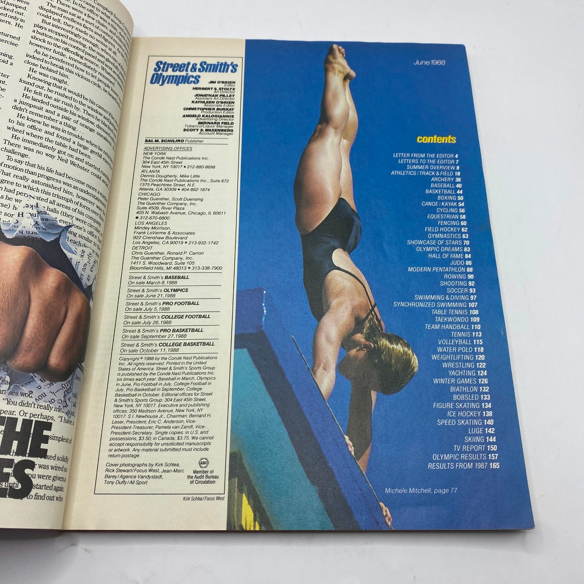Inside page of VTG Street & Smith's Olympics Magazine 1988 showcasing the contents section. The page displays a list of articles including Olympic sports and athlete coverage, alongside an image of a diver, illustrating key features of this vintage magazine.