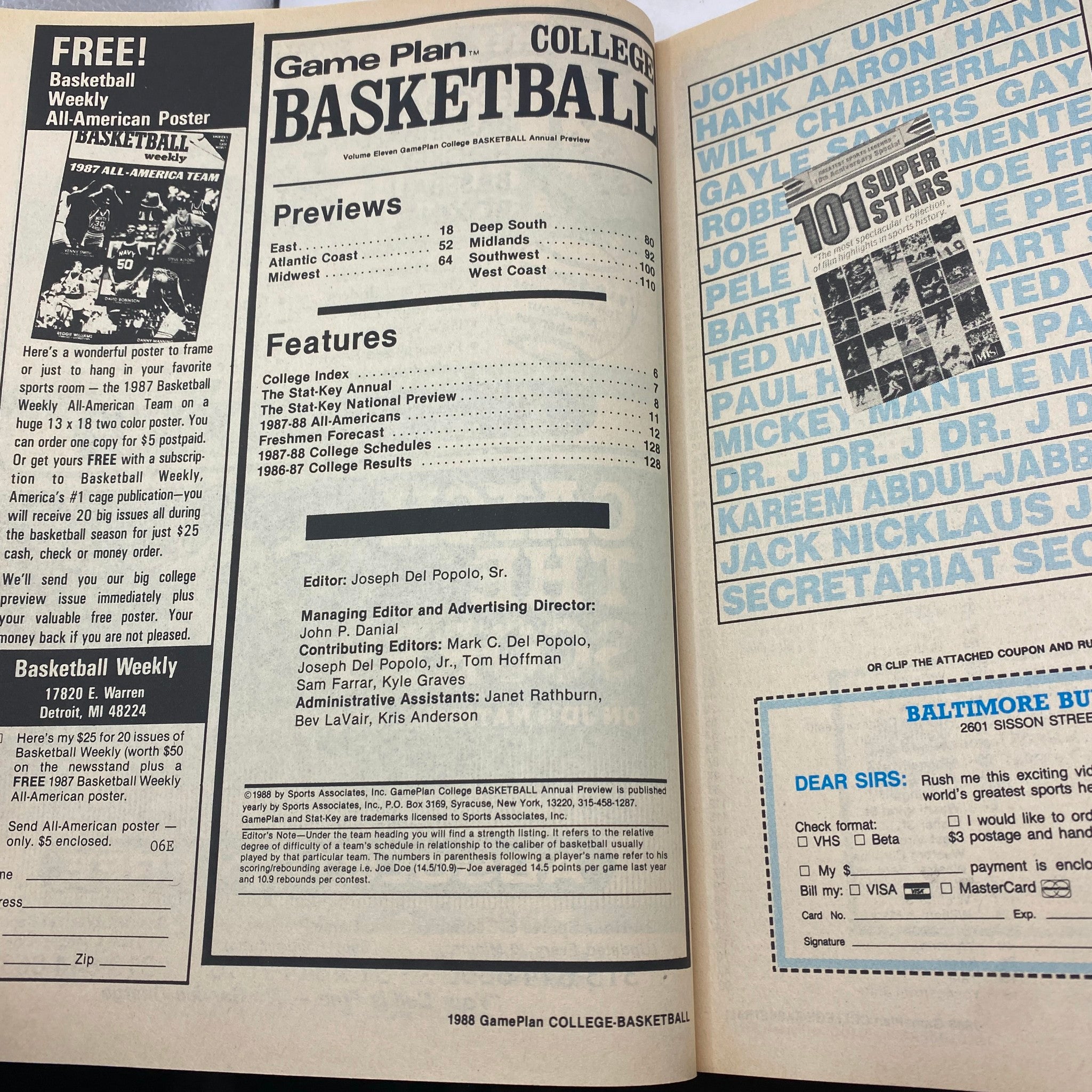 Interior pages of the 1988 Game Plan College Basketball Magazine, displaying previews, features, and college index information related to NCAA basketball.