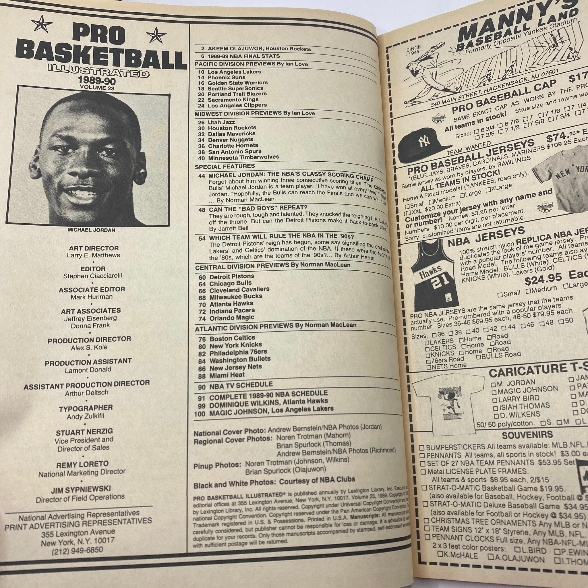 Inside page of Pro Basketball Illustrated Magazine 1989-1990 featuring Michael Jordan, displaying content and features from the magazine including the NBA schedule.