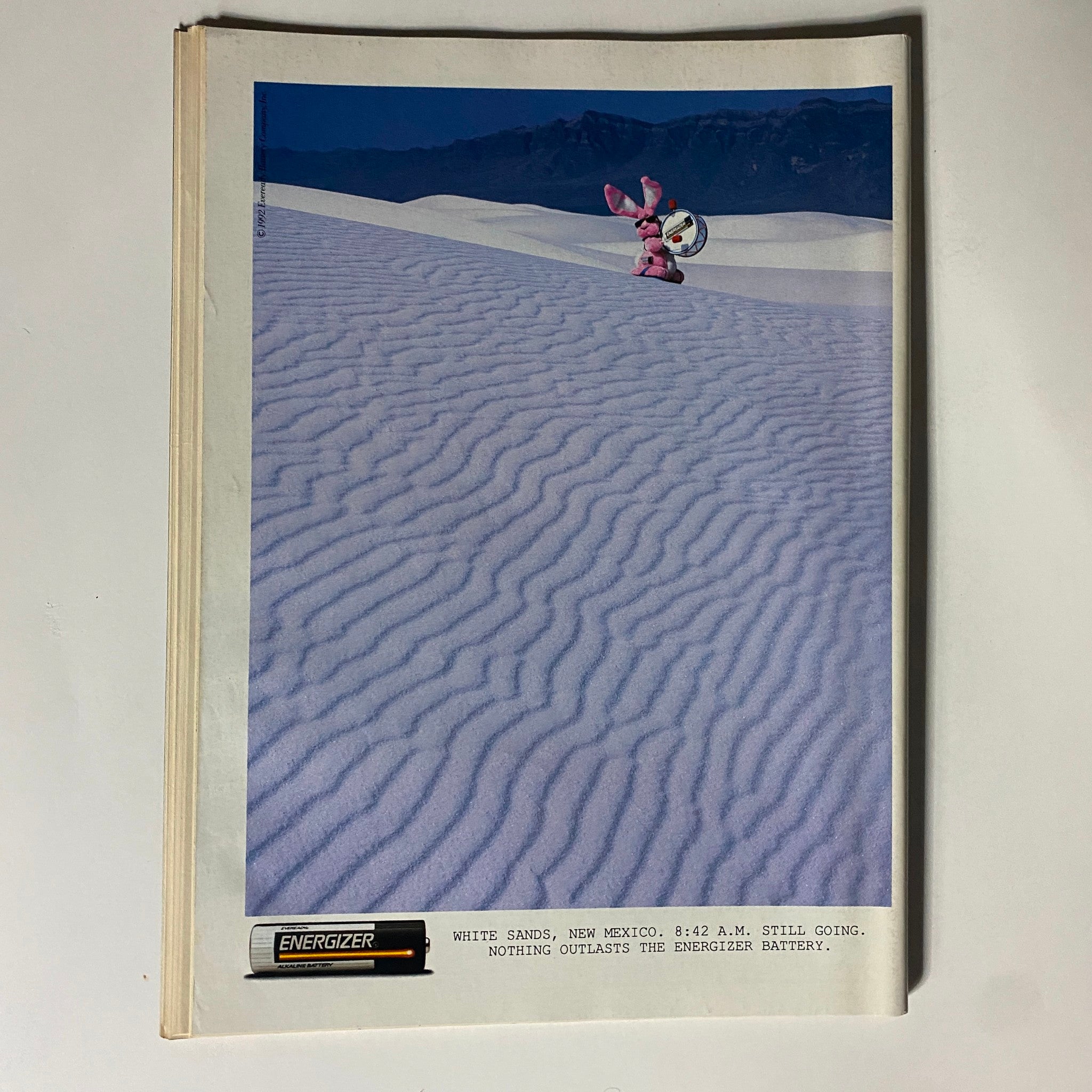 Basketball Digest Magazine 1992-1993 NBA Basketball Preview with an unrelated advertisement featuring a pink bunny in White Sands, New Mexico, promoting Energizer batteries.