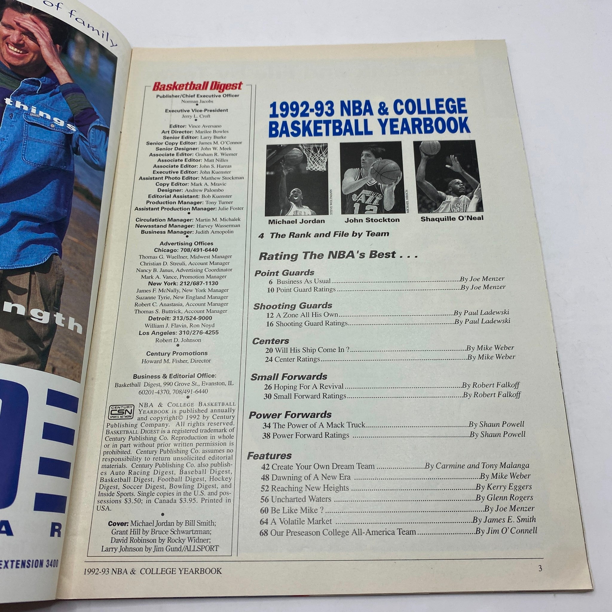 Interior page of the Basketball Digest Magazine 1992-1993 NBA College Basketball Yearbook showcasing player ratings and featured players like Michael Jordan and Shaquille O'Neal.