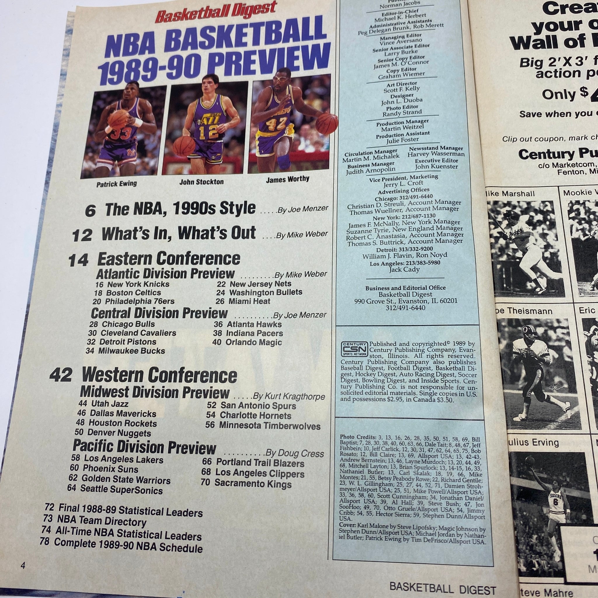 NBA Basketball 1989-90 Preview page from Basketball Digest Magazine showcasing players Patrick Ewing, John Stockton, and James Worthy, highlighting key NBA matchups and statistics from the Michael Jordan and Magic Johnson era.