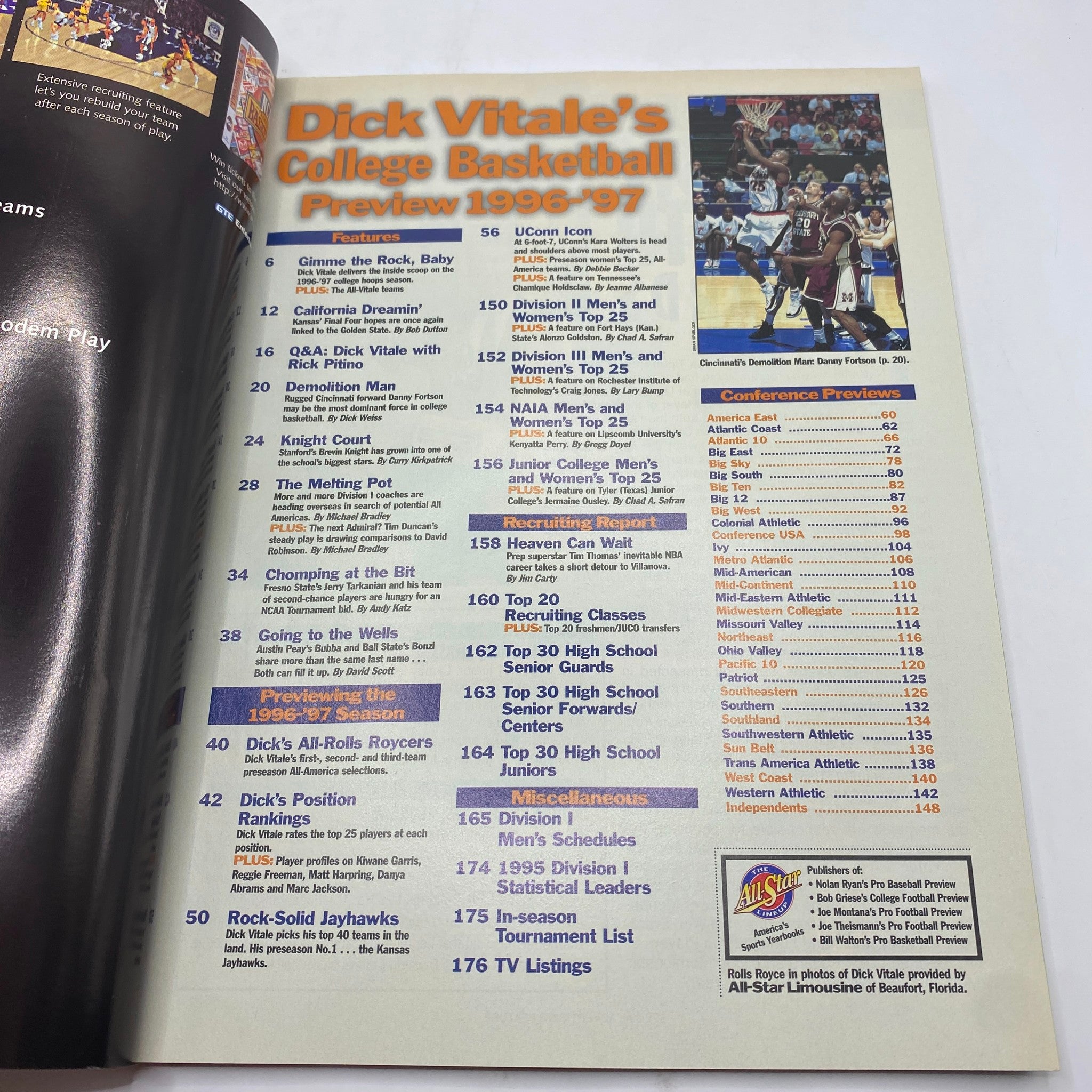 Inside page of Dick Vitale's College Basketball 1996-1997 Preview magazine displaying contents and features including Q&A with Rick Pitino and rankings.