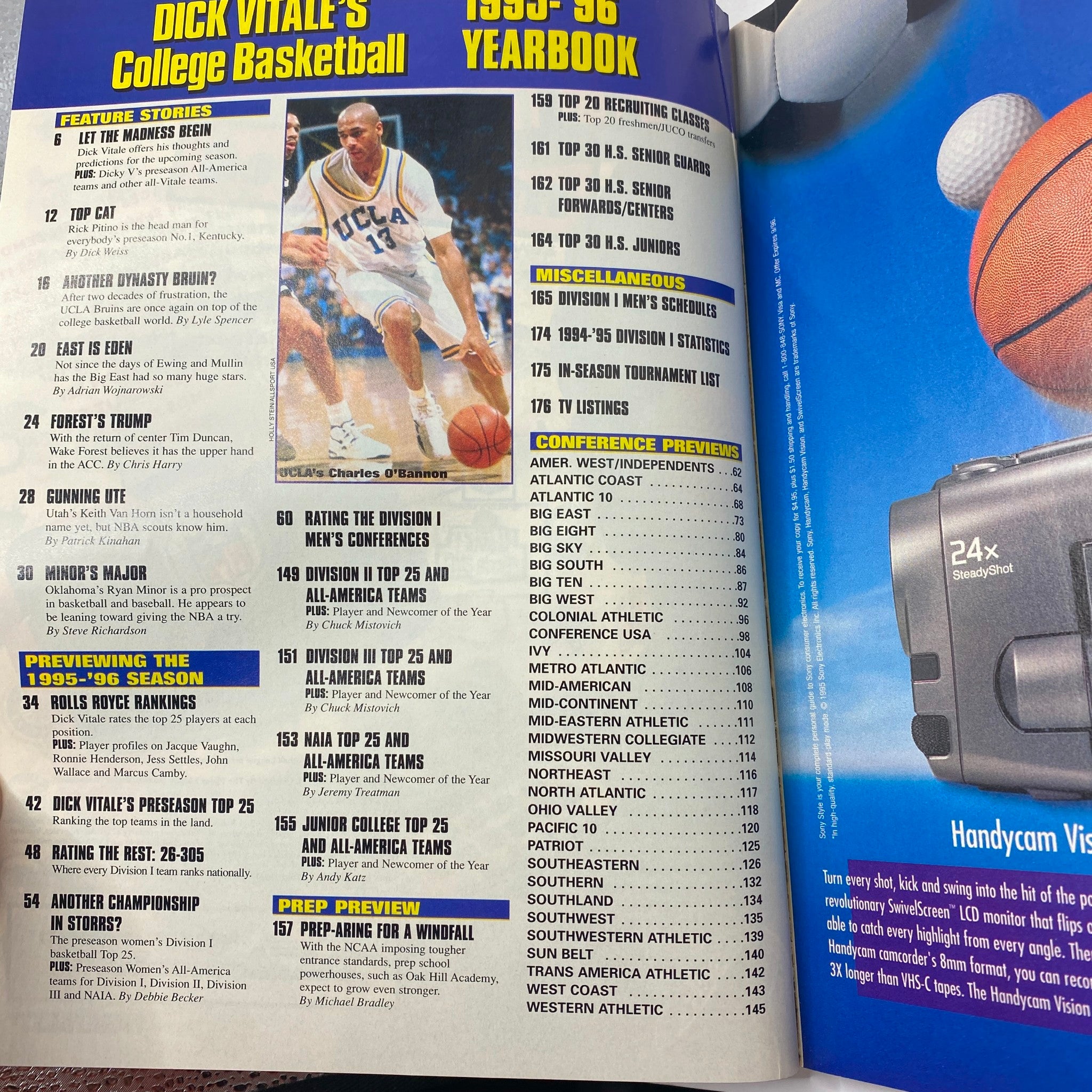 Interior page of Dick Vitale's College Basketball 1995-1996 Preview showcasing features on NCAA players and conference previews, includes notable player Charles O'Bannon.