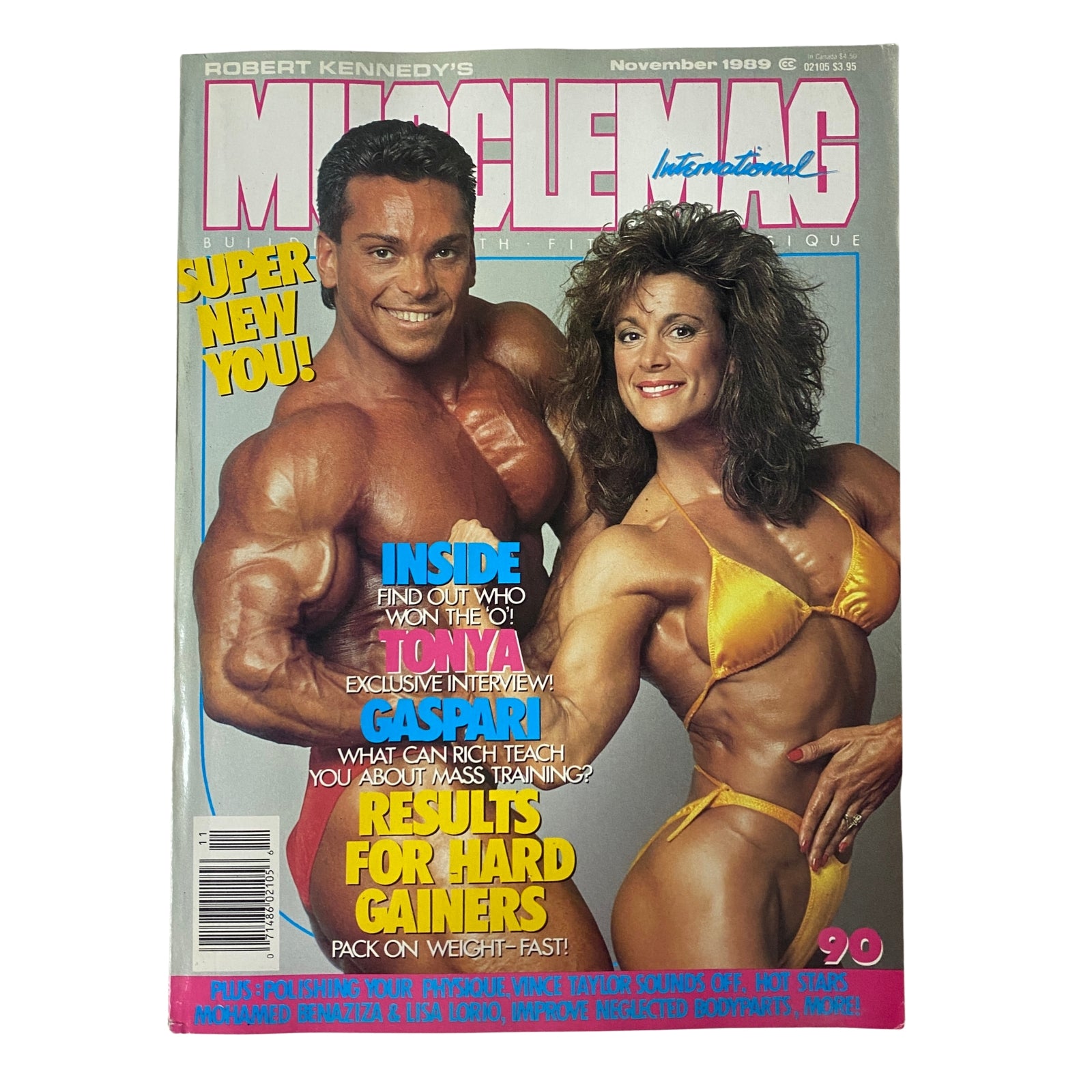 Cover of MuscleMag International Magazine, November 1989 featuring Rich Gaspari and Janet Tech. The magazine showcases fitness and bodybuilding topics, highlighting diverse training features and profiles of athletes.