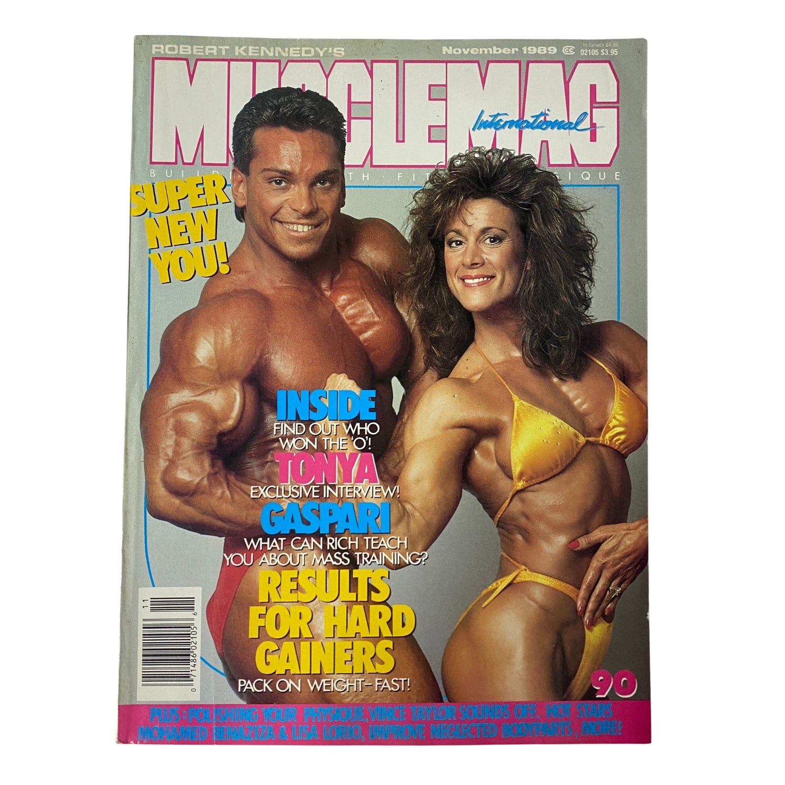 Cover of MuscleMag International Magazine November 1989 featuring bodybuilders Rich Gaspari and Janet Tech, highlighting bodybuilding insights and athlete profiles.