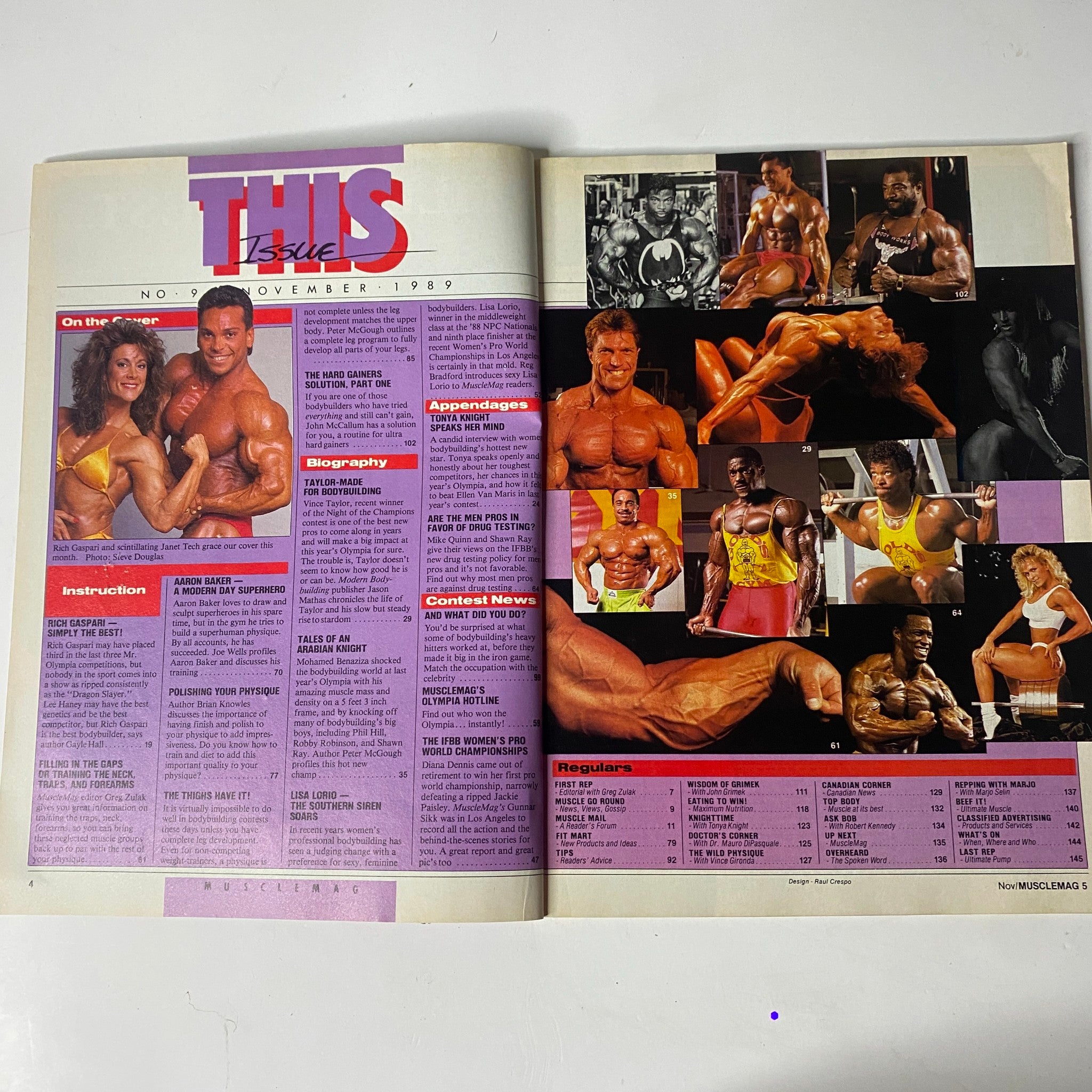 Inside page of MuscleMag International Magazine November 1989 showcasing articles, athlete bios, and features related to bodybuilding, including Rich Gaspari and Janet Tech.