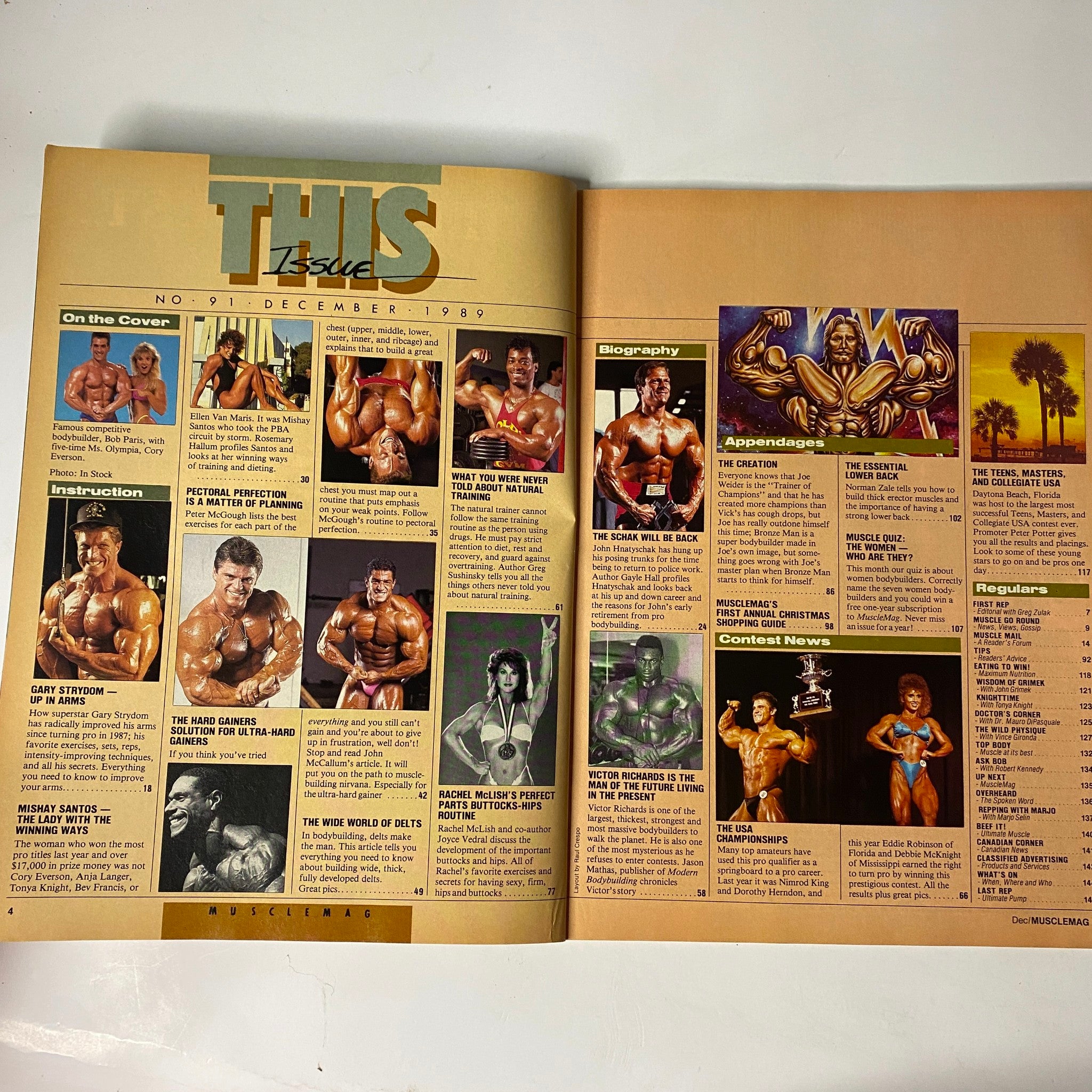 Inside spread of MuscleMag International Magazine December 1989 No. 91, featuring articles and highlights about bodybuilding with Gary Strydom and Mishay Santos.